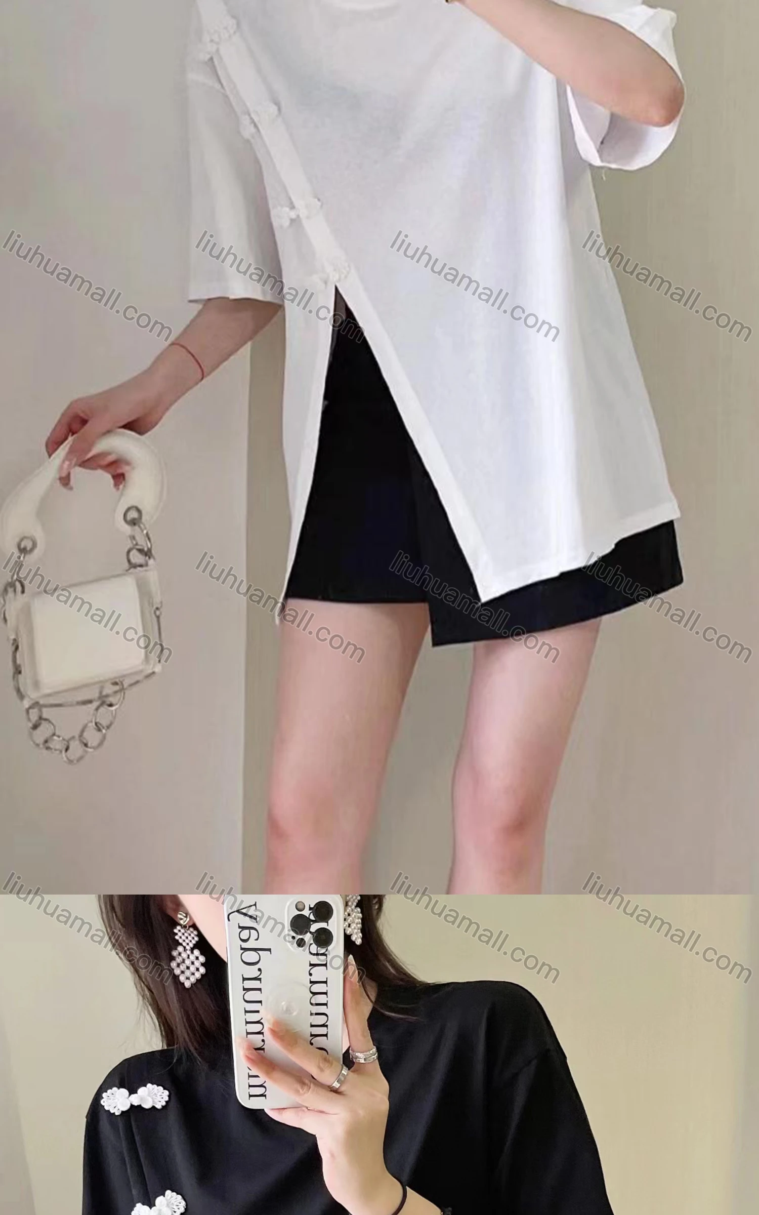 Wholesale Women's Casual Crew Neck Short Sleeve Bow Knot Split Side Blouse Y811# - Liuhuamall