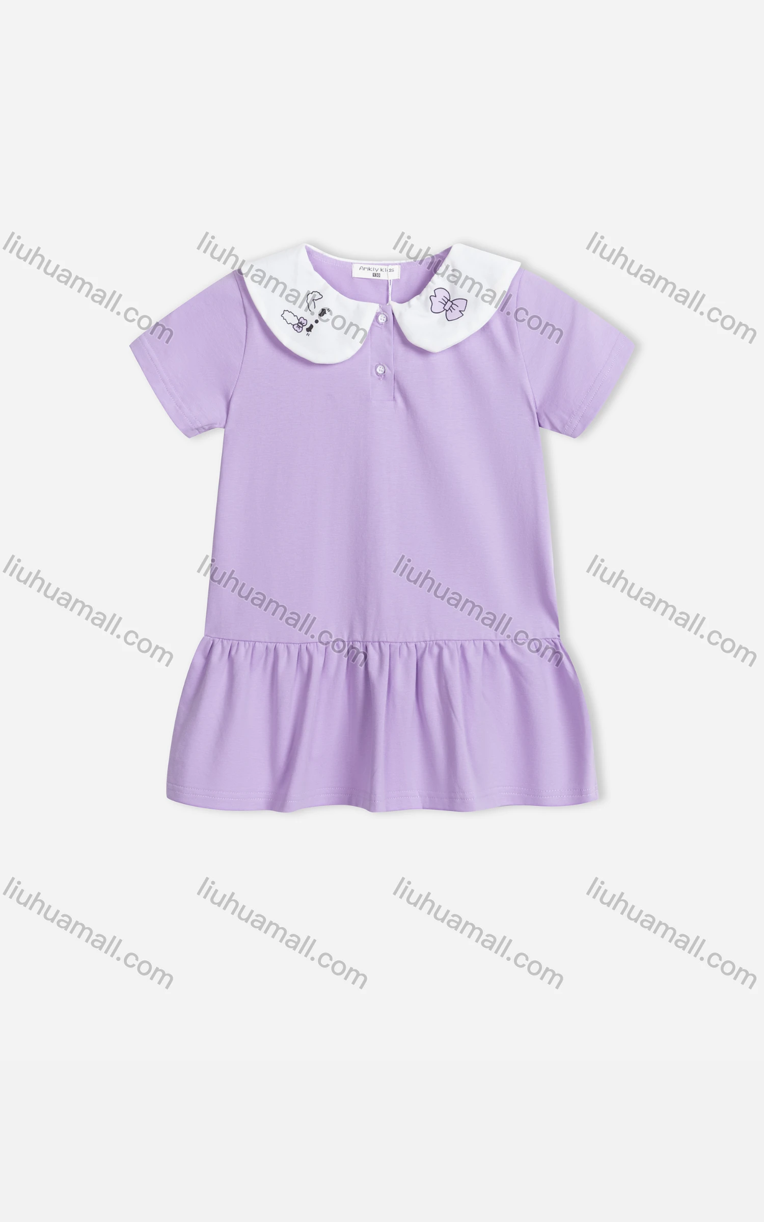 Wholesale Girls Cute Peter Pan Collar Short Sleeve Button Front Ruffle Hem Dress 5552# - Liuhuamall