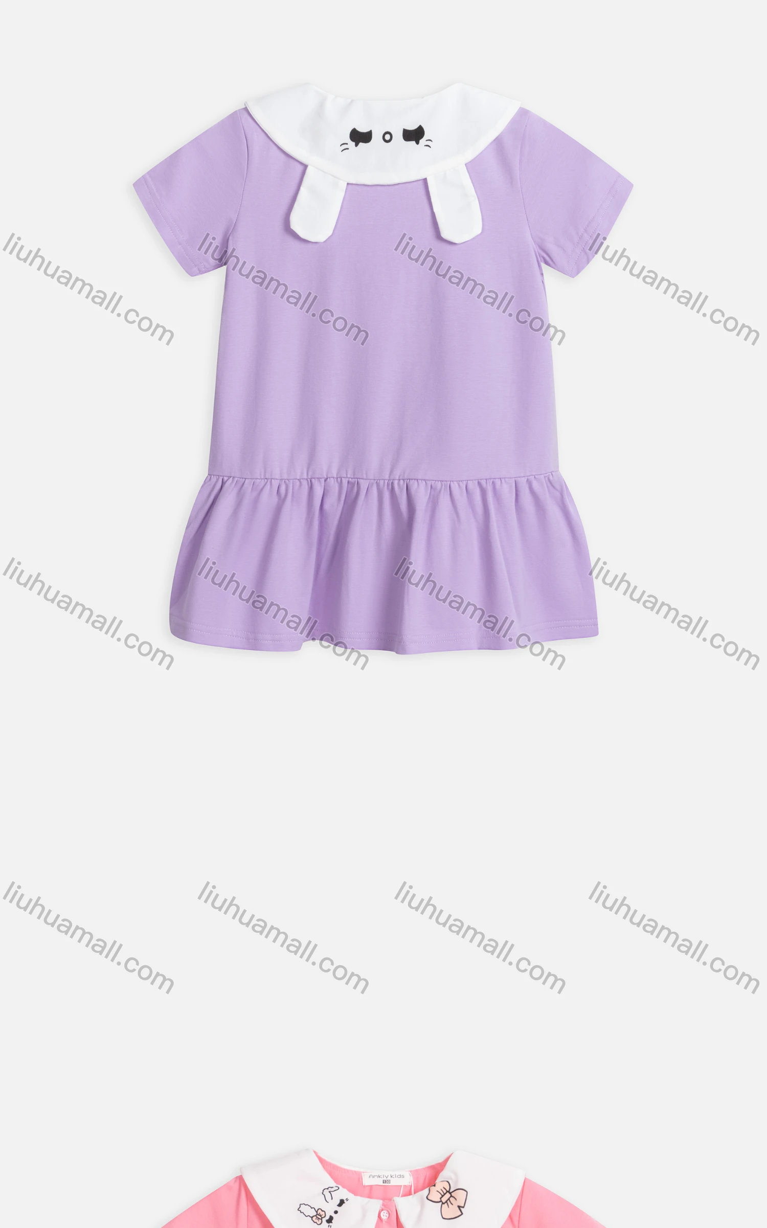 Wholesale Girls Cute Peter Pan Collar Short Sleeve Button Front Ruffle Hem Dress 5552# - Liuhuamall