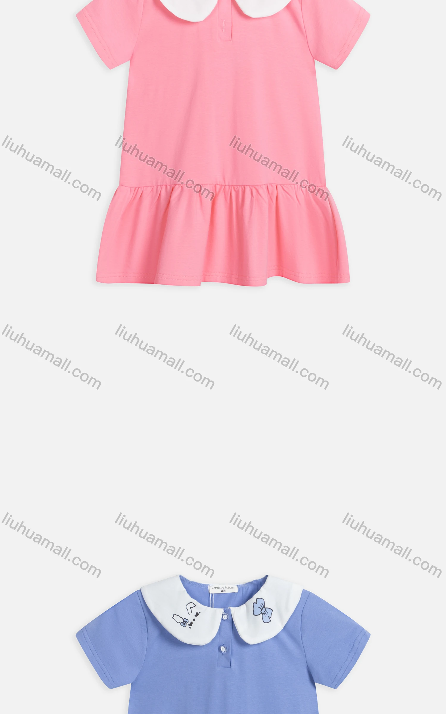 Wholesale Girls Cute Peter Pan Collar Short Sleeve Button Front Ruffle Hem Dress 5552# - Liuhuamall