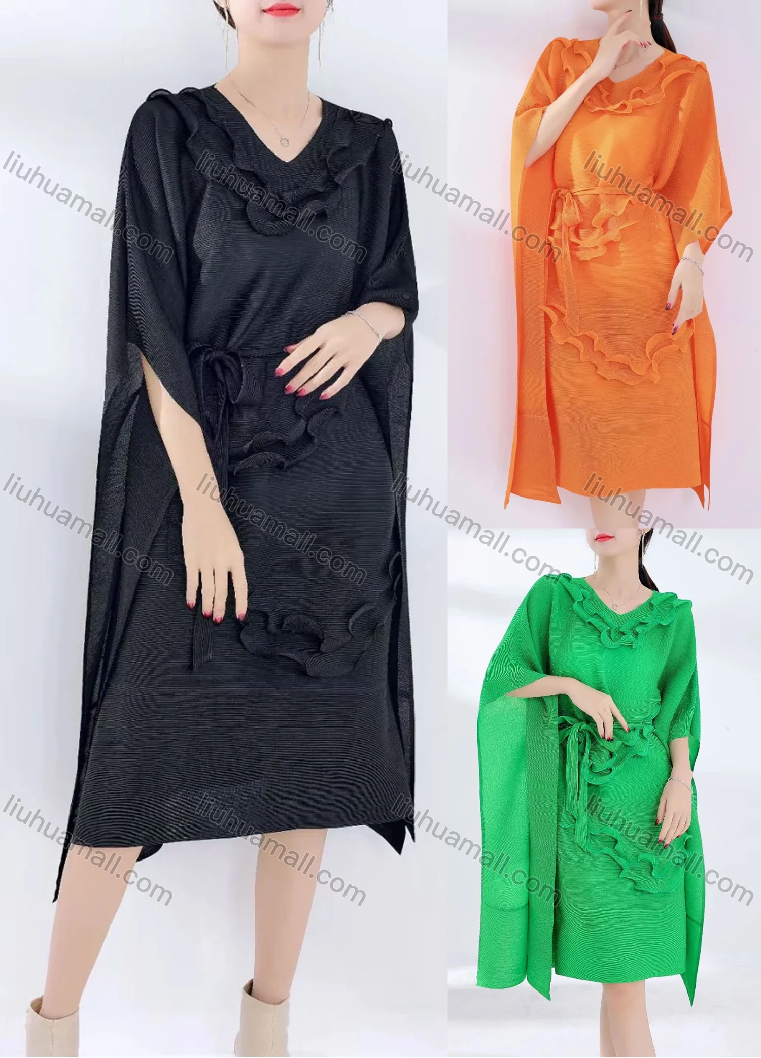 Wholesale Women's Casual Plain Ruffle Trim V Neck Batwing Sleeve Midi Dress With Belt 1656# - Liuhuamall