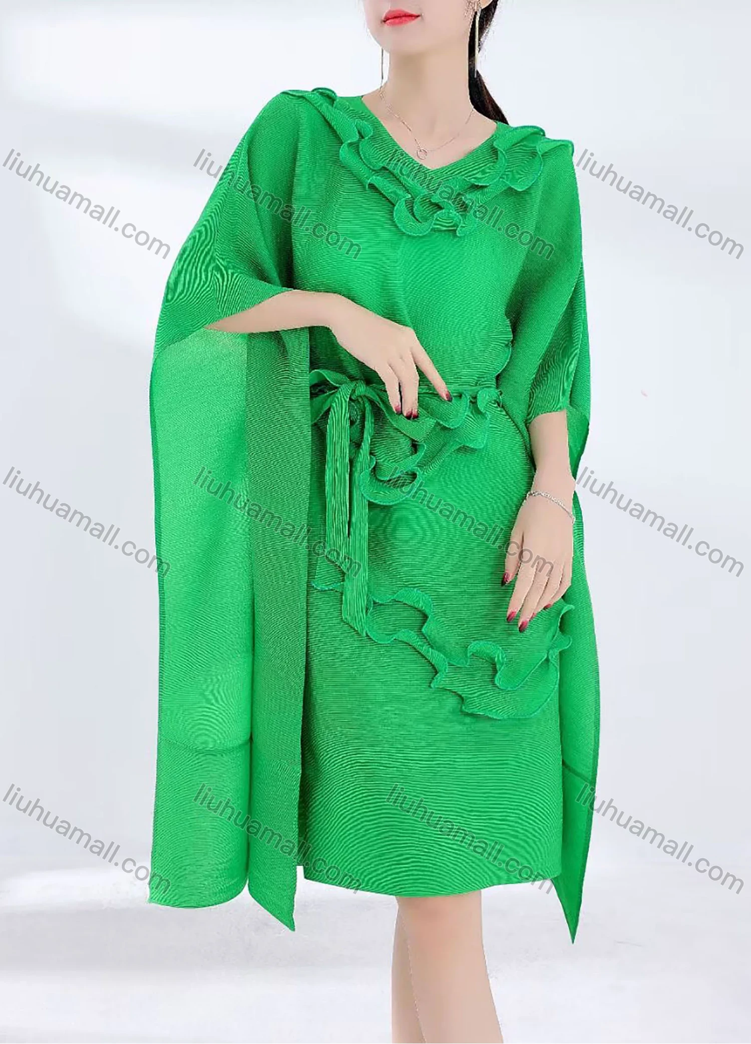 Wholesale Women's Casual Plain Ruffle Trim V Neck Batwing Sleeve Midi Dress With Belt 1656# - Liuhuamall