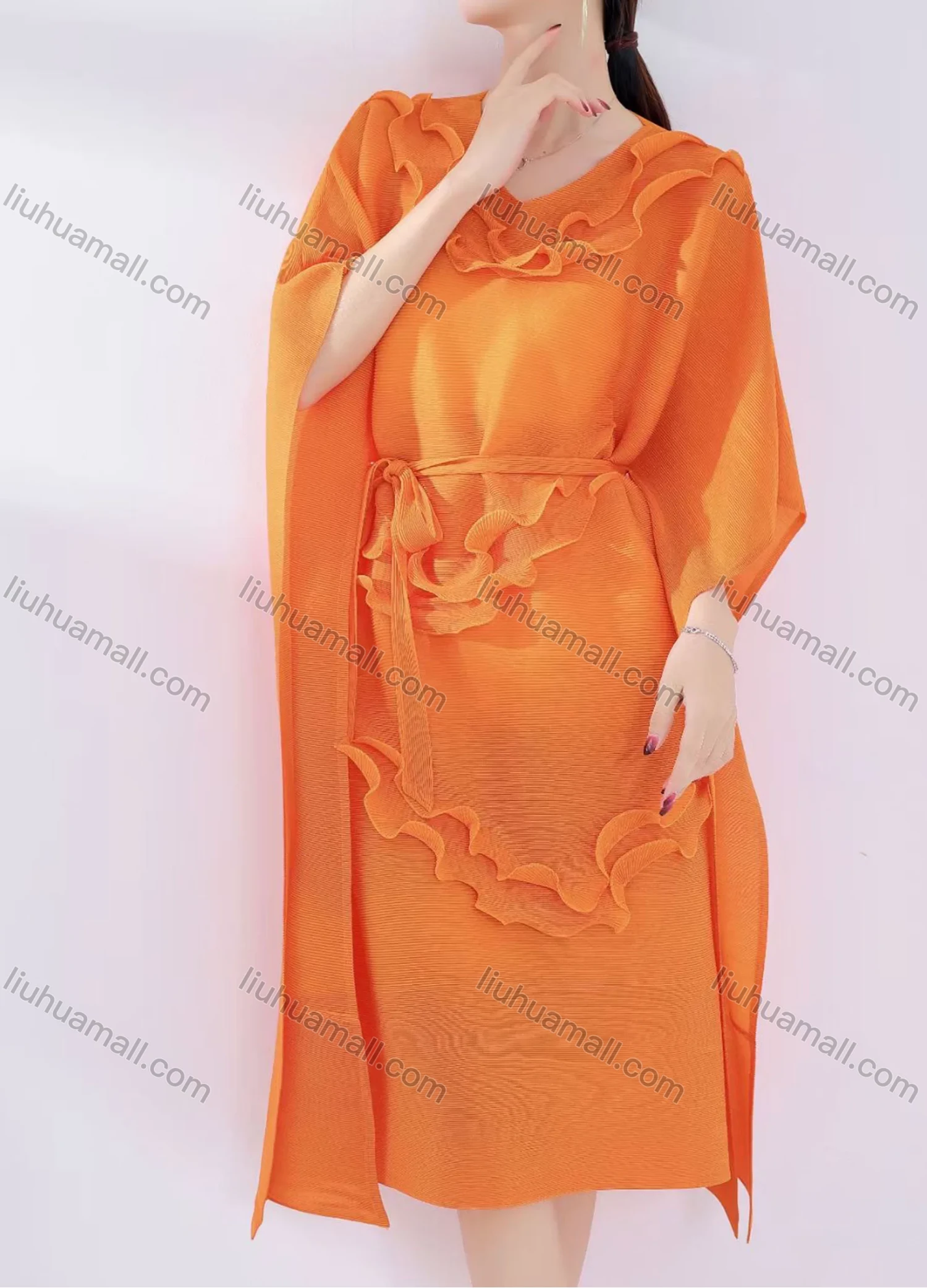Wholesale Women's Casual Plain Ruffle Trim V Neck Batwing Sleeve Midi Dress With Belt 1656# - Liuhuamall