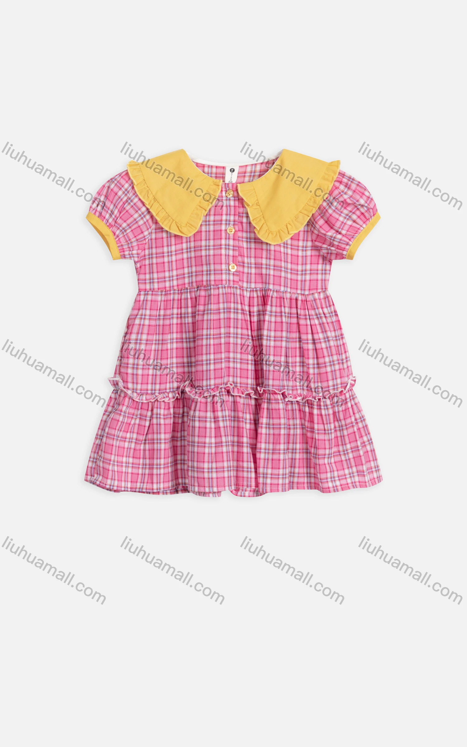 Wholesale Girls Cute Sailor Collar Plaid Button Front Tiered Ruffle Hem Dress 3535# - Liuhuamall
