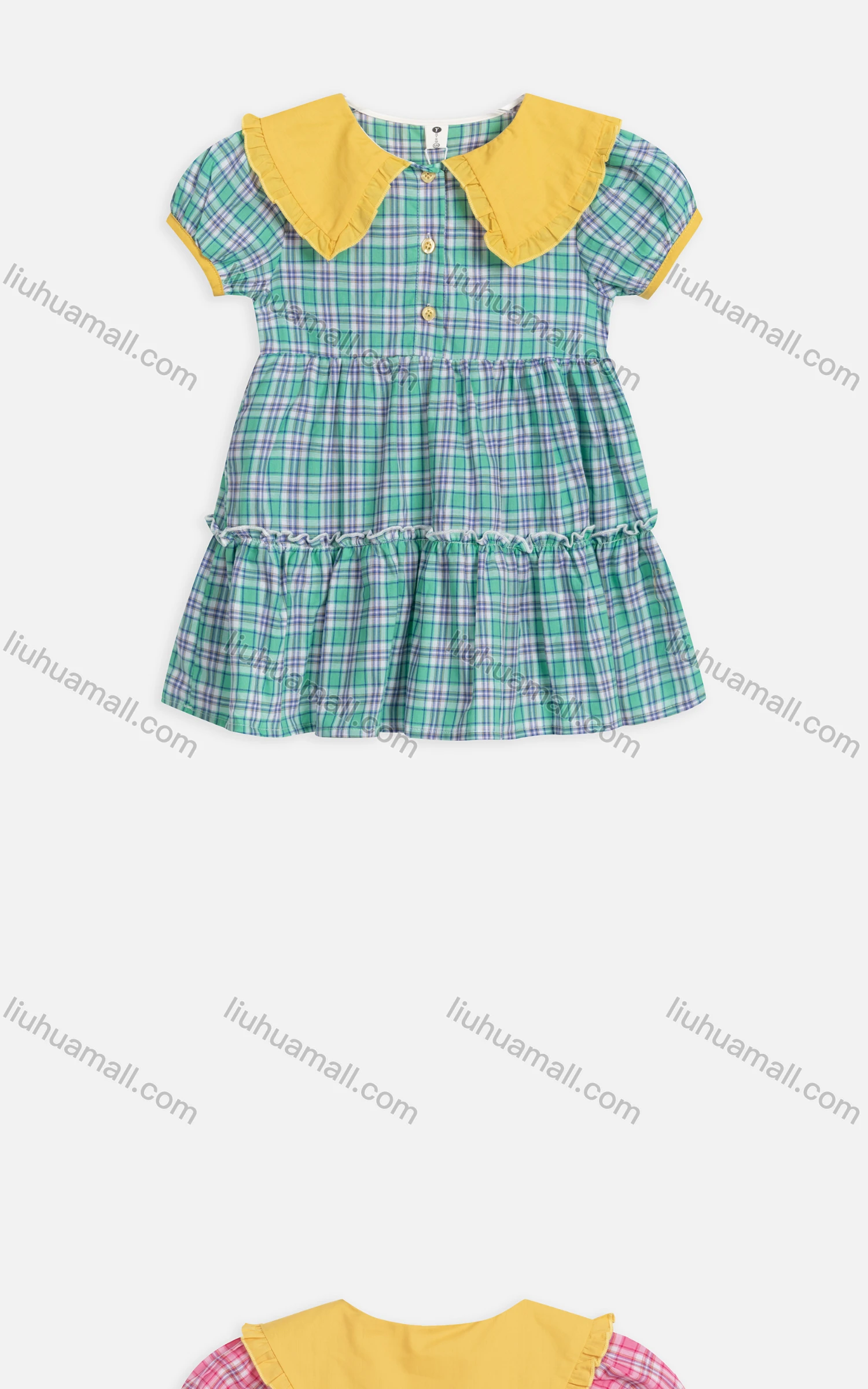 Wholesale Girls Cute Sailor Collar Plaid Button Front Tiered Ruffle Hem Dress 3535# - Liuhuamall