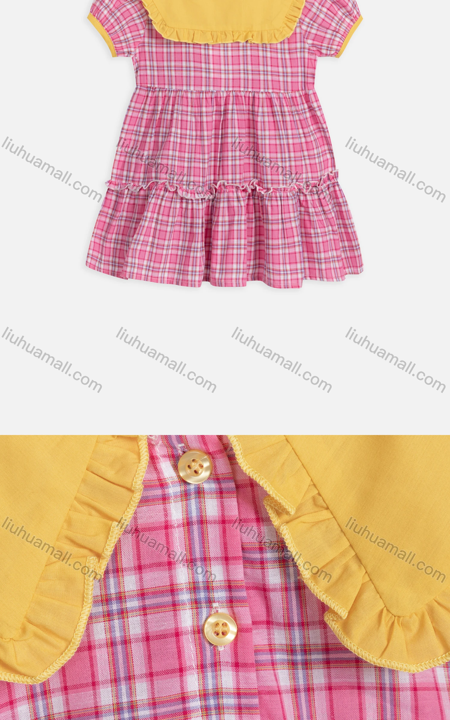 Wholesale Girls Cute Sailor Collar Plaid Button Front Tiered Ruffle Hem Dress 3535# - Liuhuamall