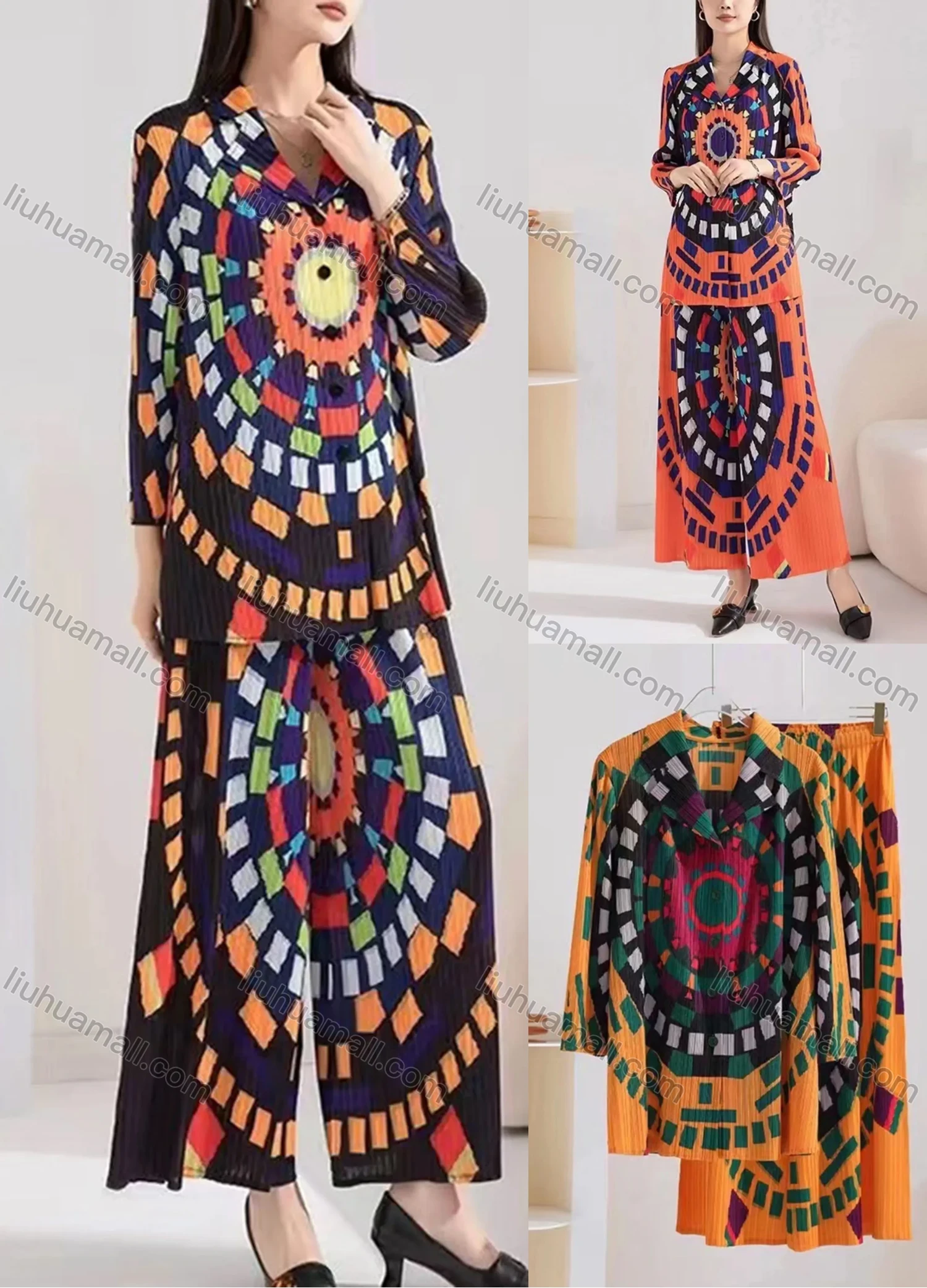 Wholesale Women's Casual Vintage Print Collared Button Down Long Sleeve Shirts & Ankle Length Wide Leg Pants 2 Piece Set 3181# - Liuhuamall