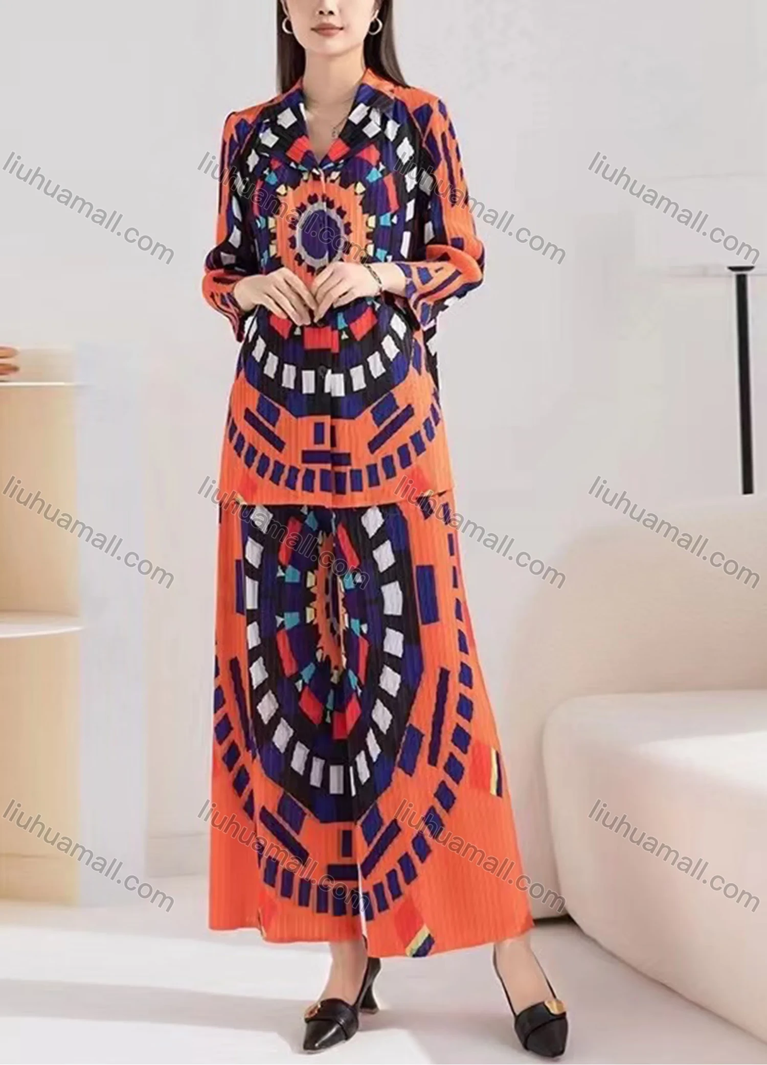 Wholesale Women's Casual Vintage Print Collared Button Down Long Sleeve Shirts & Ankle Length Wide Leg Pants 2 Piece Set 3181# - Liuhuamall