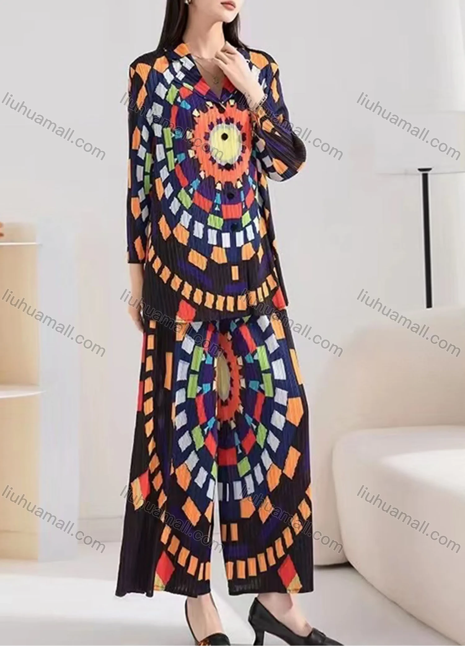 Wholesale Women's Casual Vintage Print Collared Button Down Long Sleeve Shirts & Ankle Length Wide Leg Pants 2 Piece Set 3181# - Liuhuamall