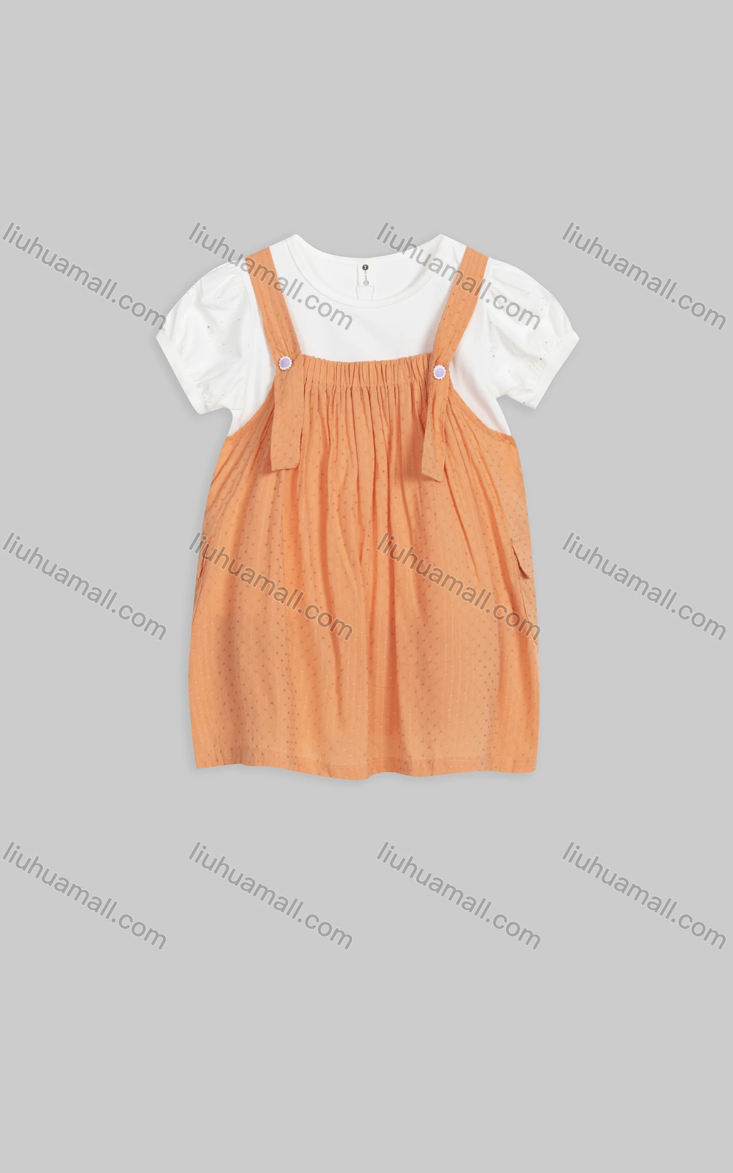 Wholesale Girls Cute Crew Neck Short Sleeve Shirred Fake 2-Piece Overall Dress 23030# - Liuhuamall
