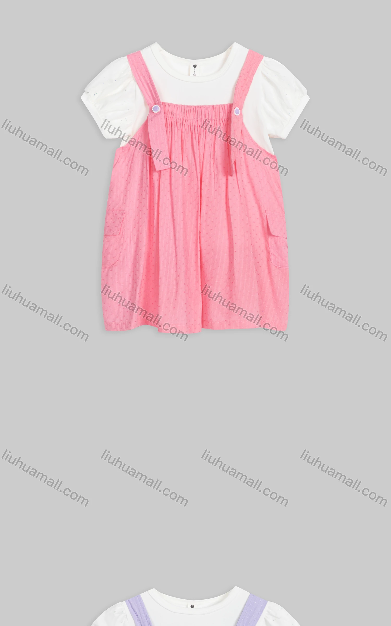 Wholesale Girls Cute Crew Neck Short Sleeve Shirred Fake 2-Piece Overall Dress 23030# - Liuhuamall