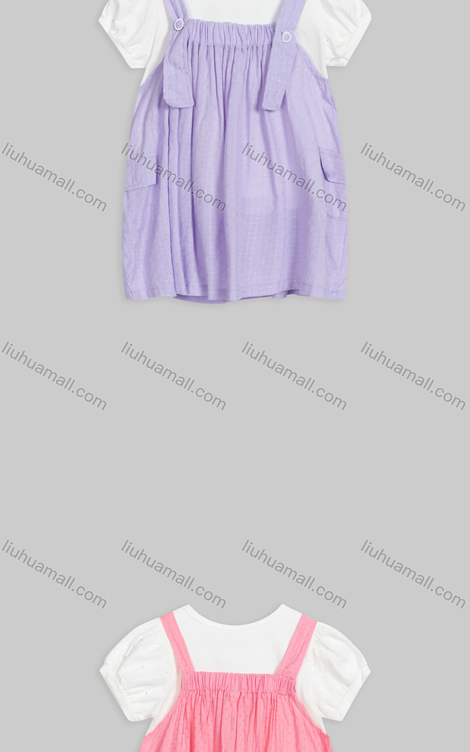 Wholesale Girls Cute Crew Neck Short Sleeve Shirred Fake 2-Piece Overall Dress 23030# - Liuhuamall