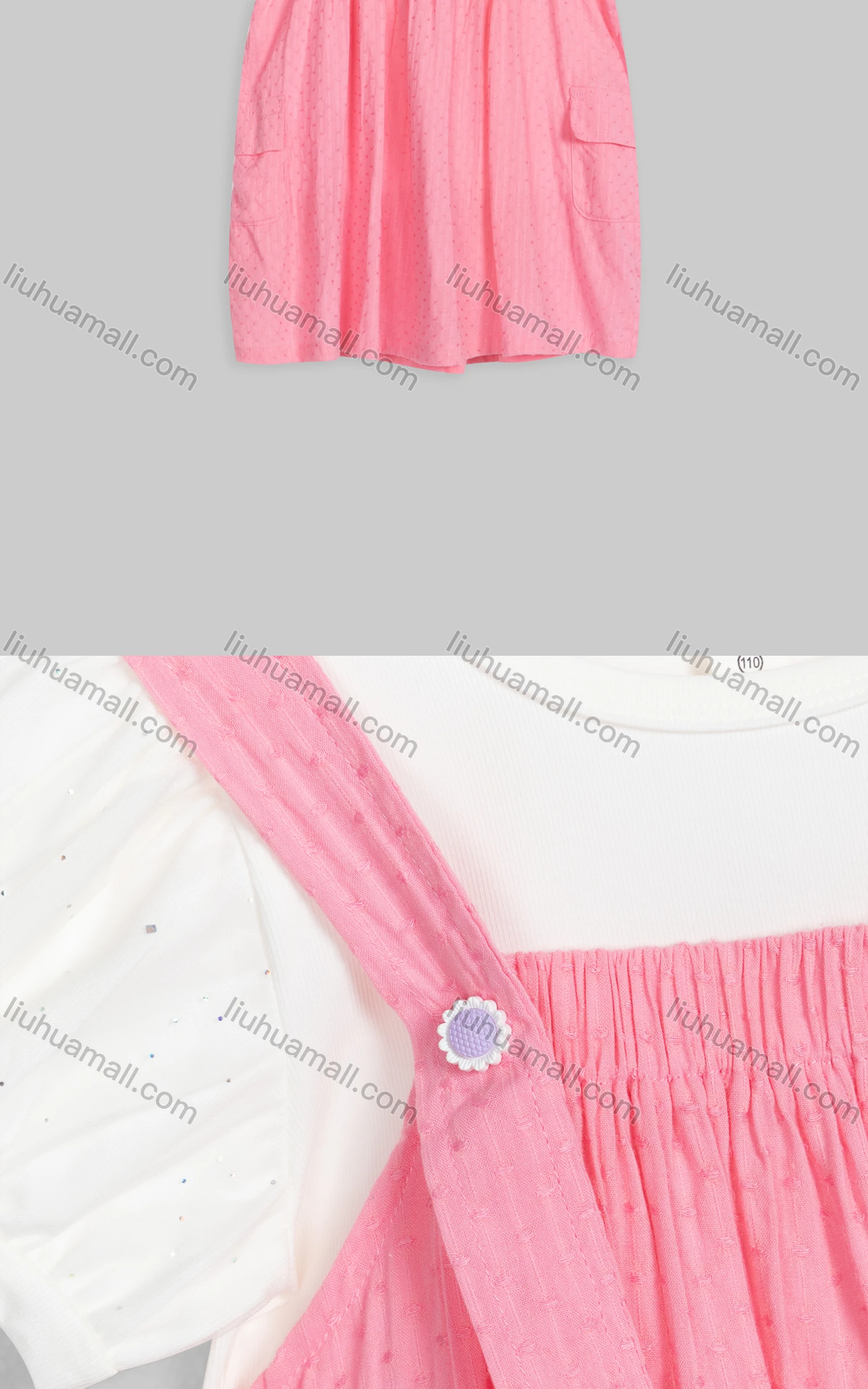 Wholesale Girls Cute Crew Neck Short Sleeve Shirred Fake 2-Piece Overall Dress 23030# - Liuhuamall