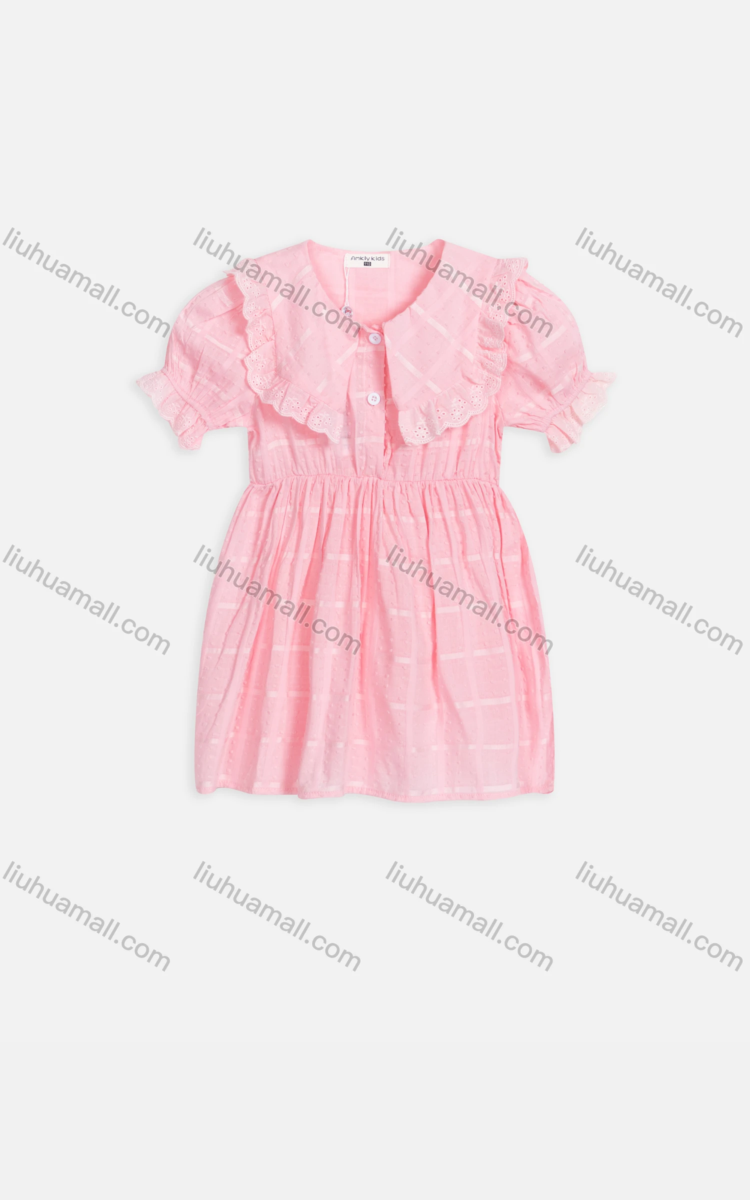Wholesale Girls Cute Peter Pan Collar Poet Sleeve Swiss Dot Short Dress 3480# - Liuhuamall