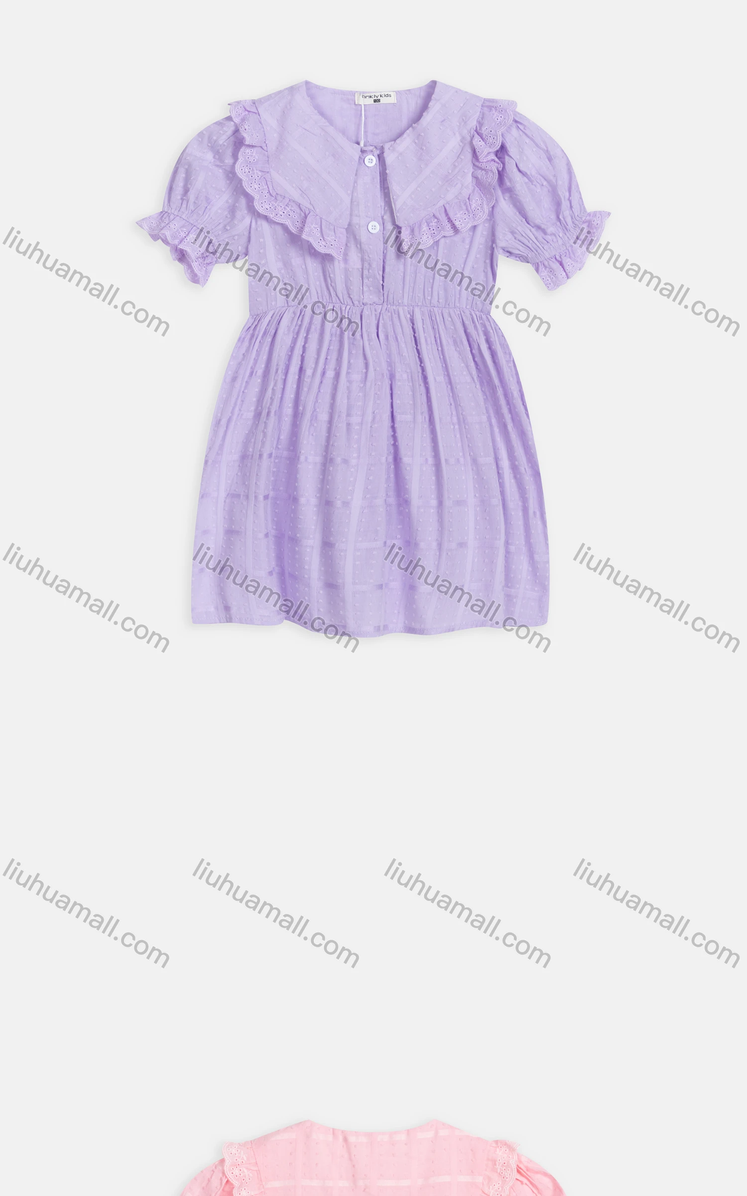 Wholesale Girls Cute Peter Pan Collar Poet Sleeve Swiss Dot Short Dress 3480# - Liuhuamall