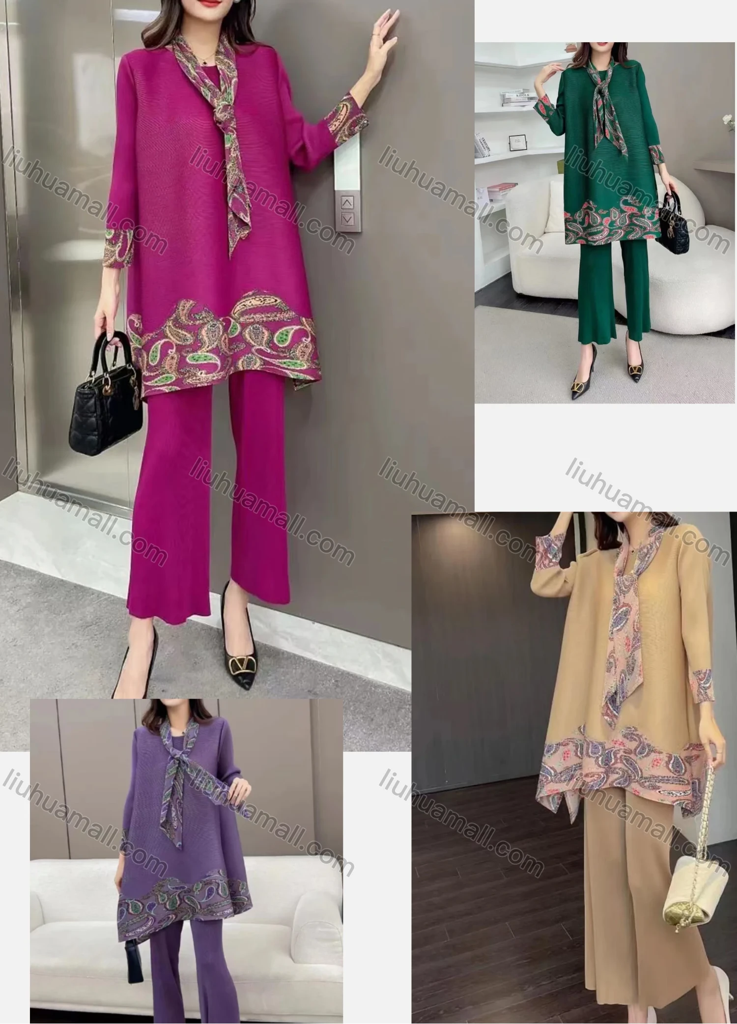 Wholesale Women's Casual Paisley Print Round Neck Long Sleeve Tunics With Silk Scarf & Wide Leg Pants 2 Piece Set 3187# - Liuhuamall