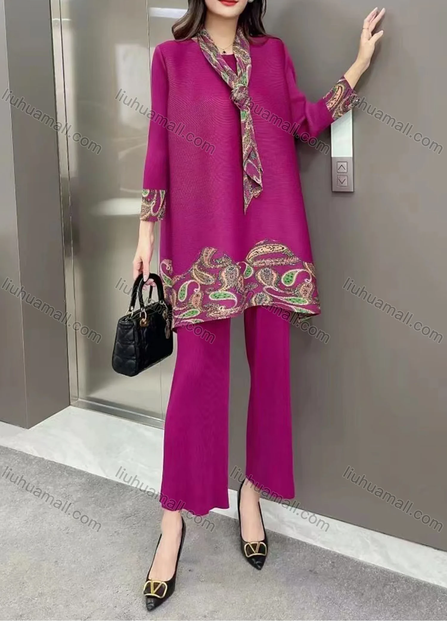 Wholesale Women's Casual Paisley Print Round Neck Long Sleeve Tunics With Silk Scarf & Wide Leg Pants 2 Piece Set 3187# - Liuhuamall