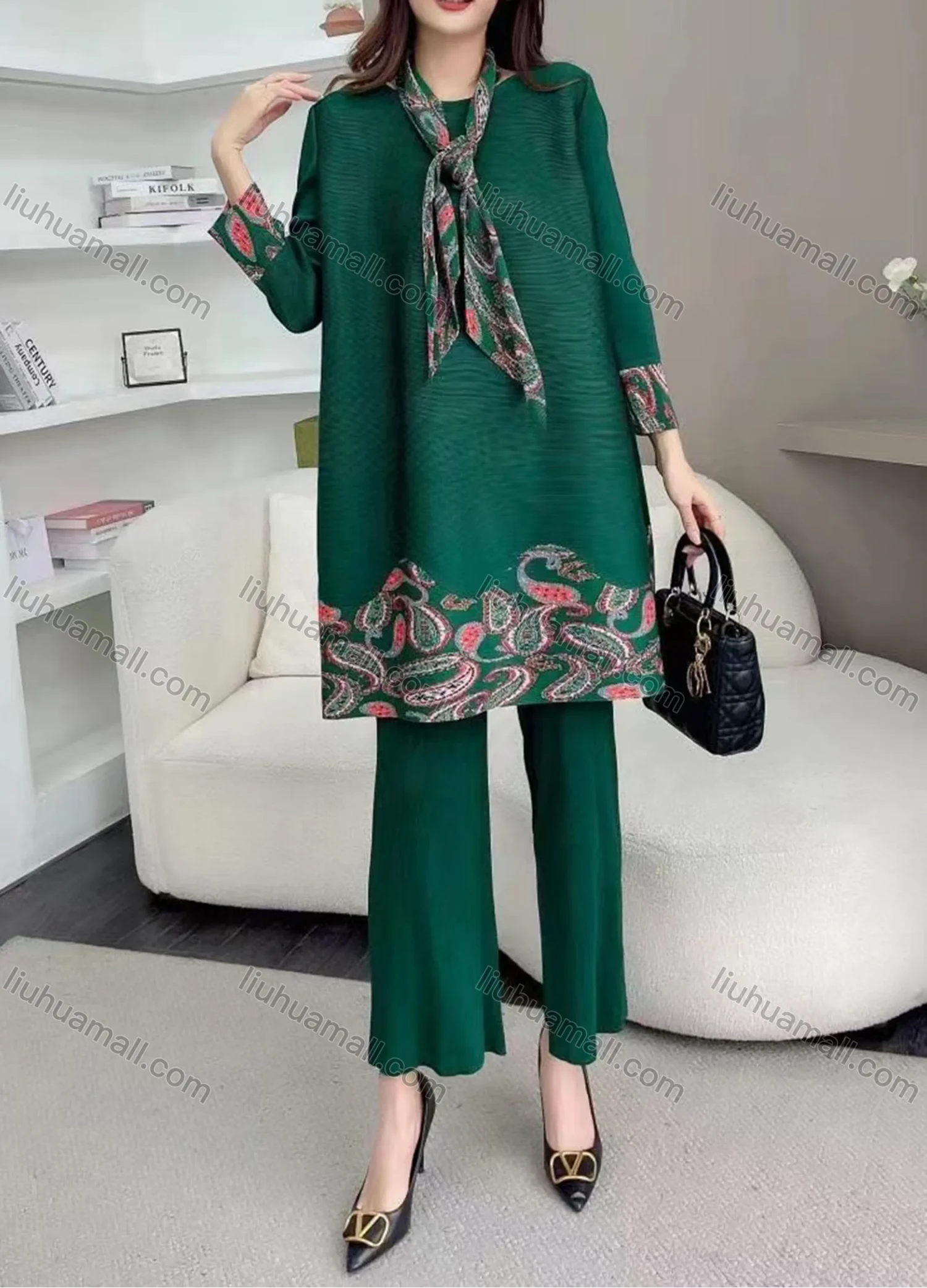 Wholesale Women's Casual Paisley Print Round Neck Long Sleeve Tunics With Silk Scarf & Wide Leg Pants 2 Piece Set 3187# - Liuhuamall