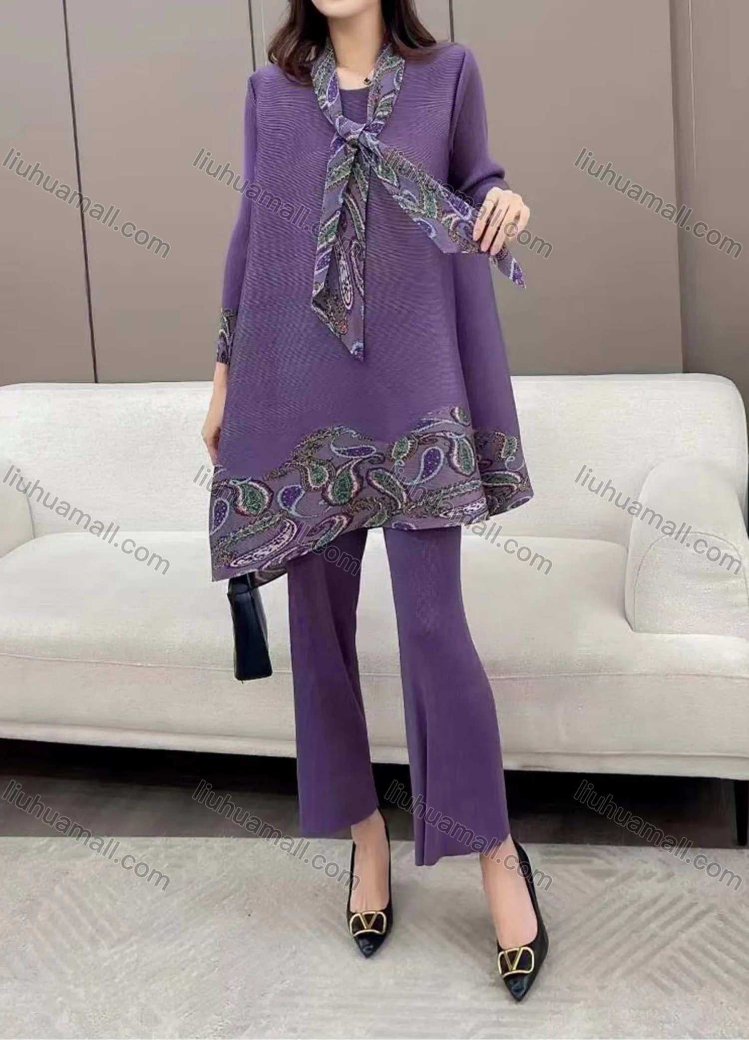 Wholesale Women's Casual Paisley Print Round Neck Long Sleeve Tunics With Silk Scarf & Wide Leg Pants 2 Piece Set 3187# - Liuhuamall