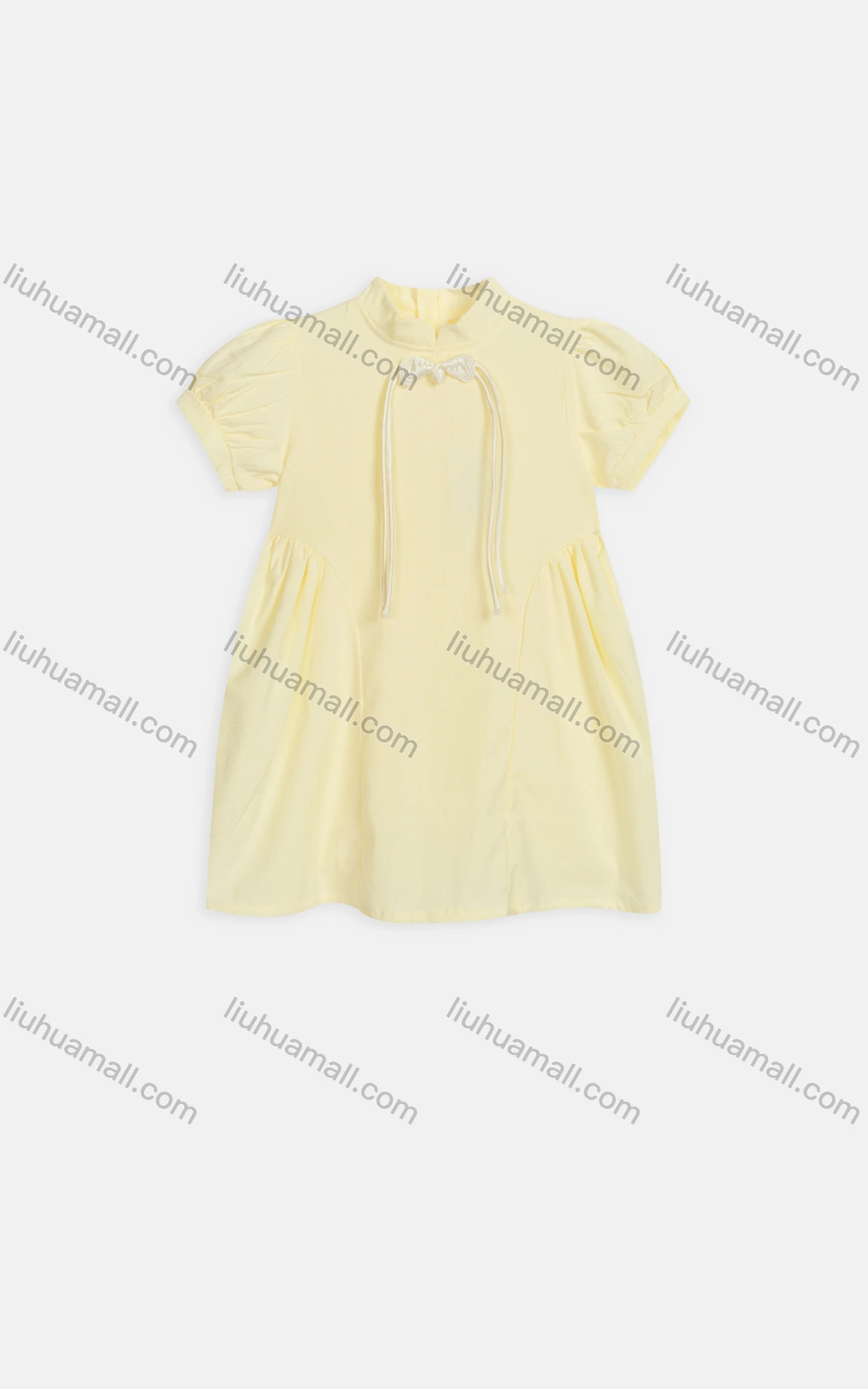 Wholesale Girls Cute Stand Collar Puff Sleeve Bow Knot Zipper Back Plain Short Dress 3507# - Liuhuamall