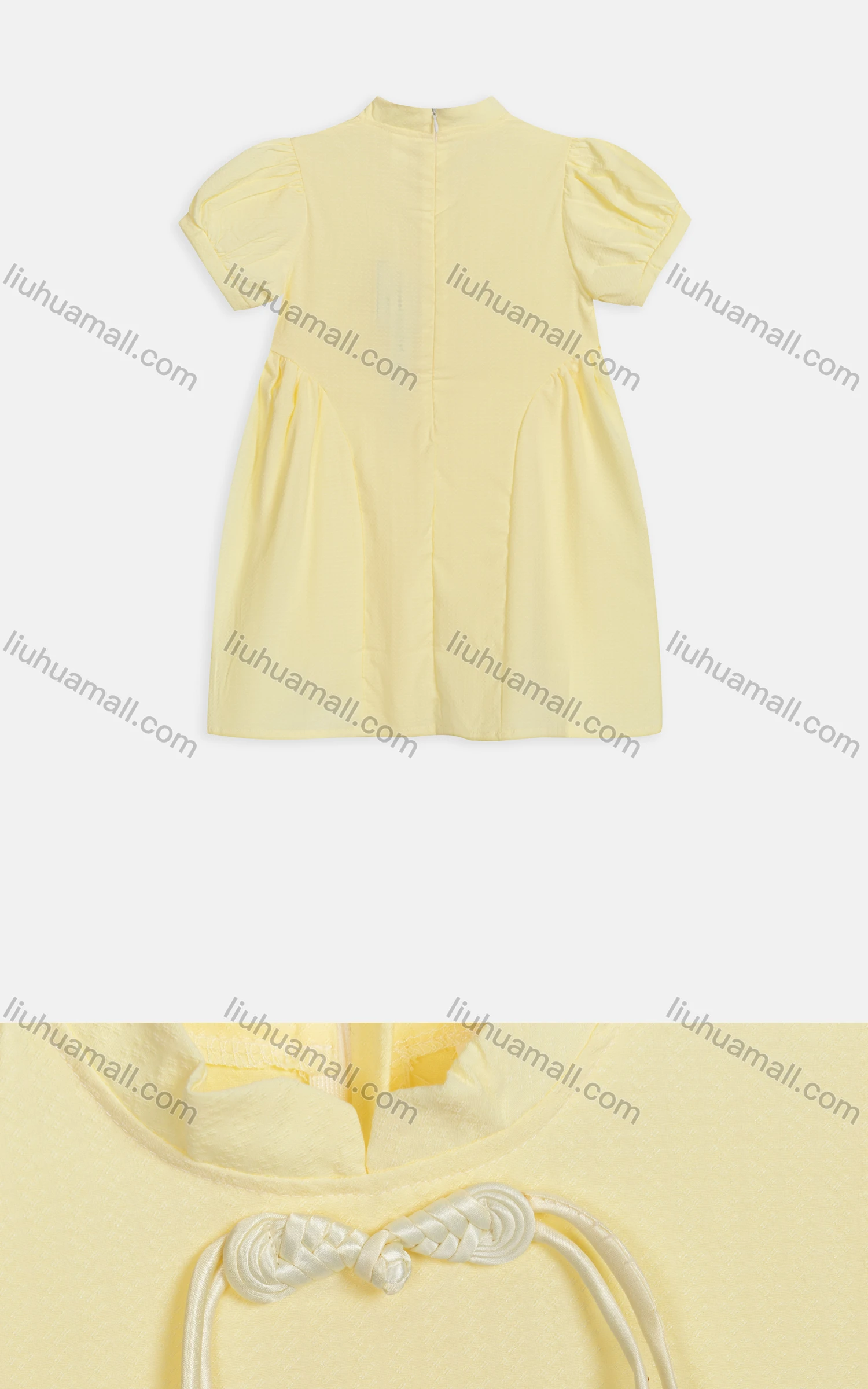 Wholesale Girls Cute Stand Collar Puff Sleeve Bow Knot Zipper Back Plain Short Dress 3507# - Liuhuamall