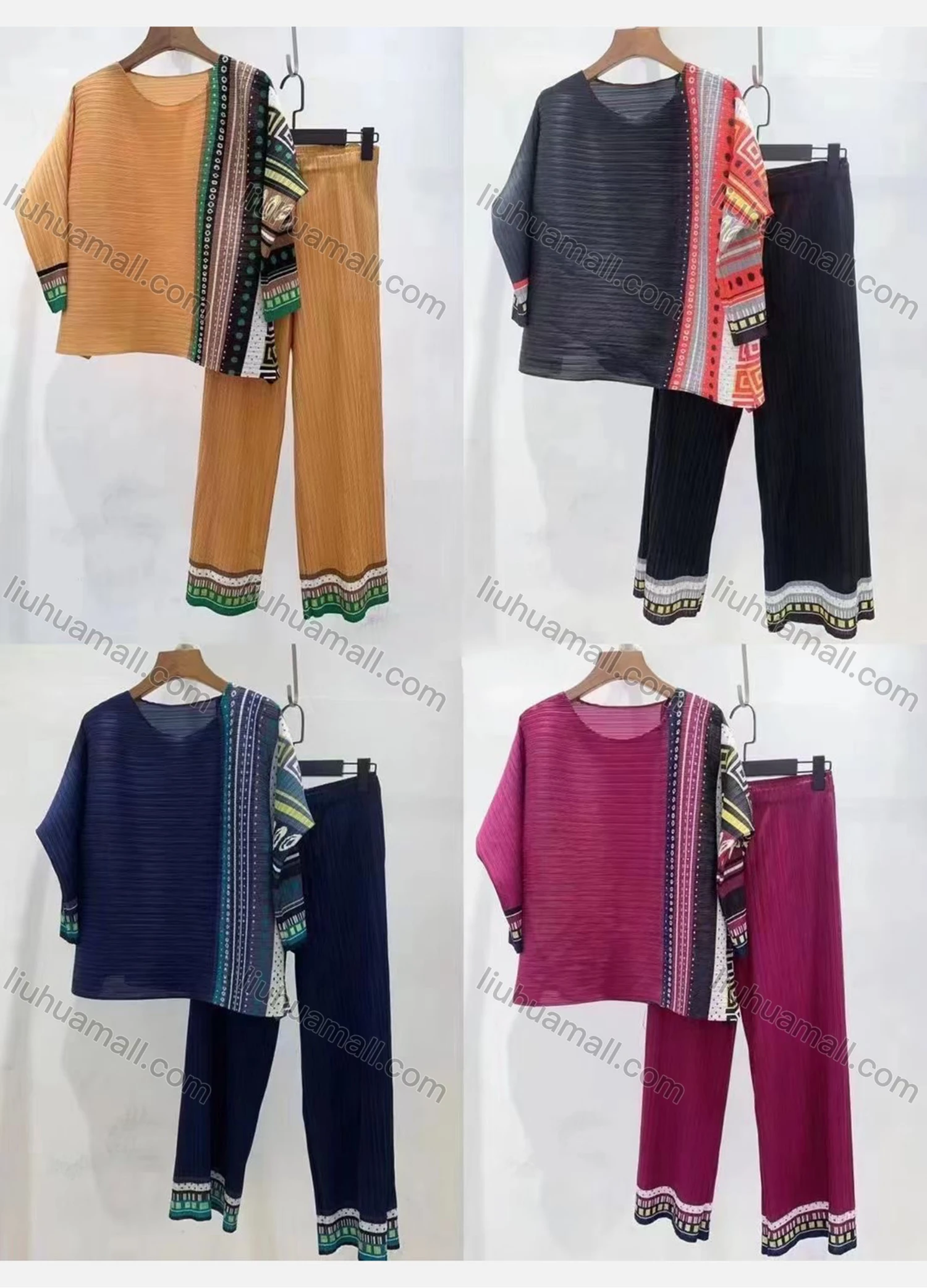Wholesale Women's Casual Vintage Print Round Neck Long Sleeve & Wide Leg Pants 2 Piece Set 9710# - Liuhuamall
