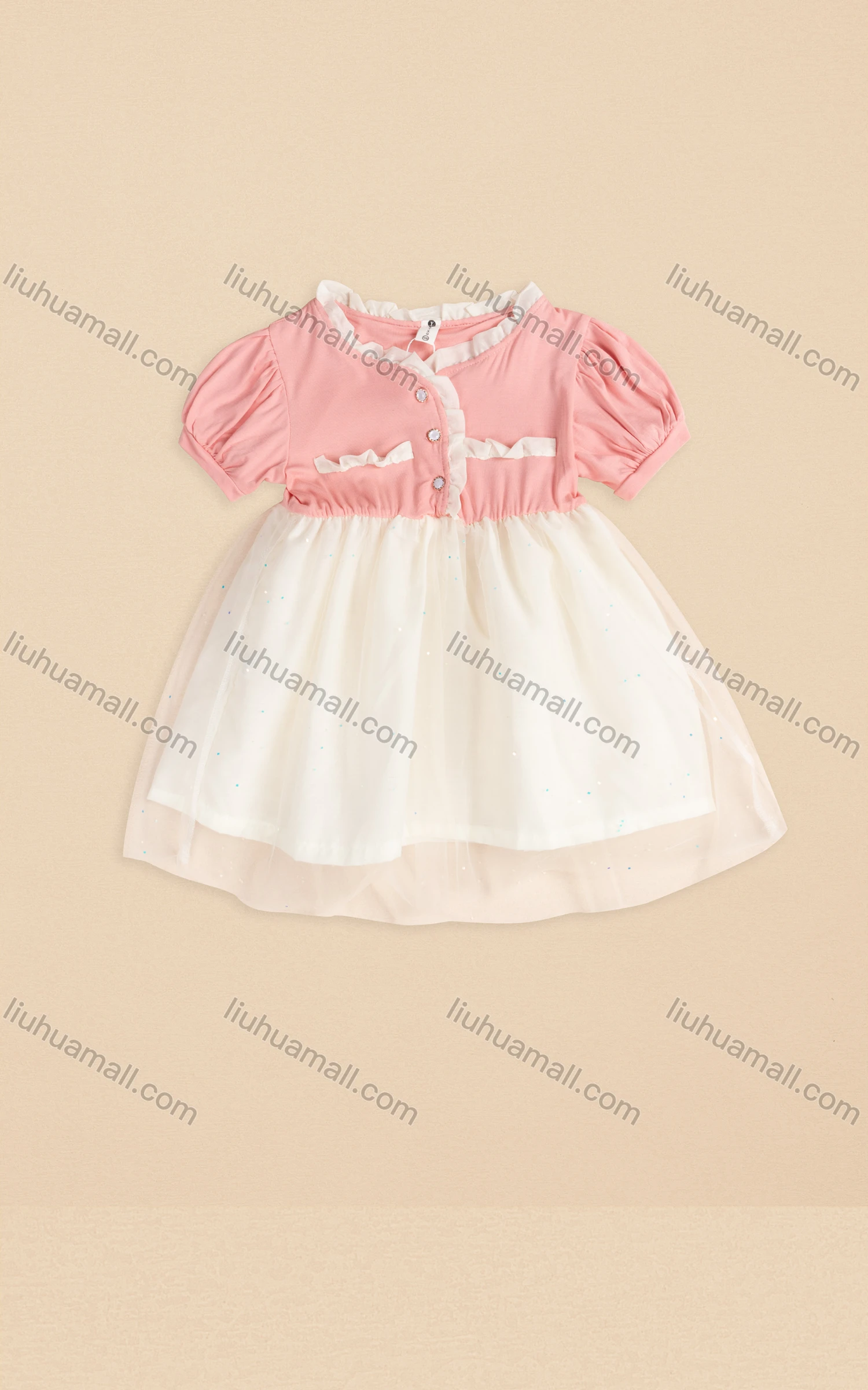 Wholesale Girls Cute Puff Sleeve Ruffle Trim Button Front Lace Hem Short Dress 3508# - Liuhuamall