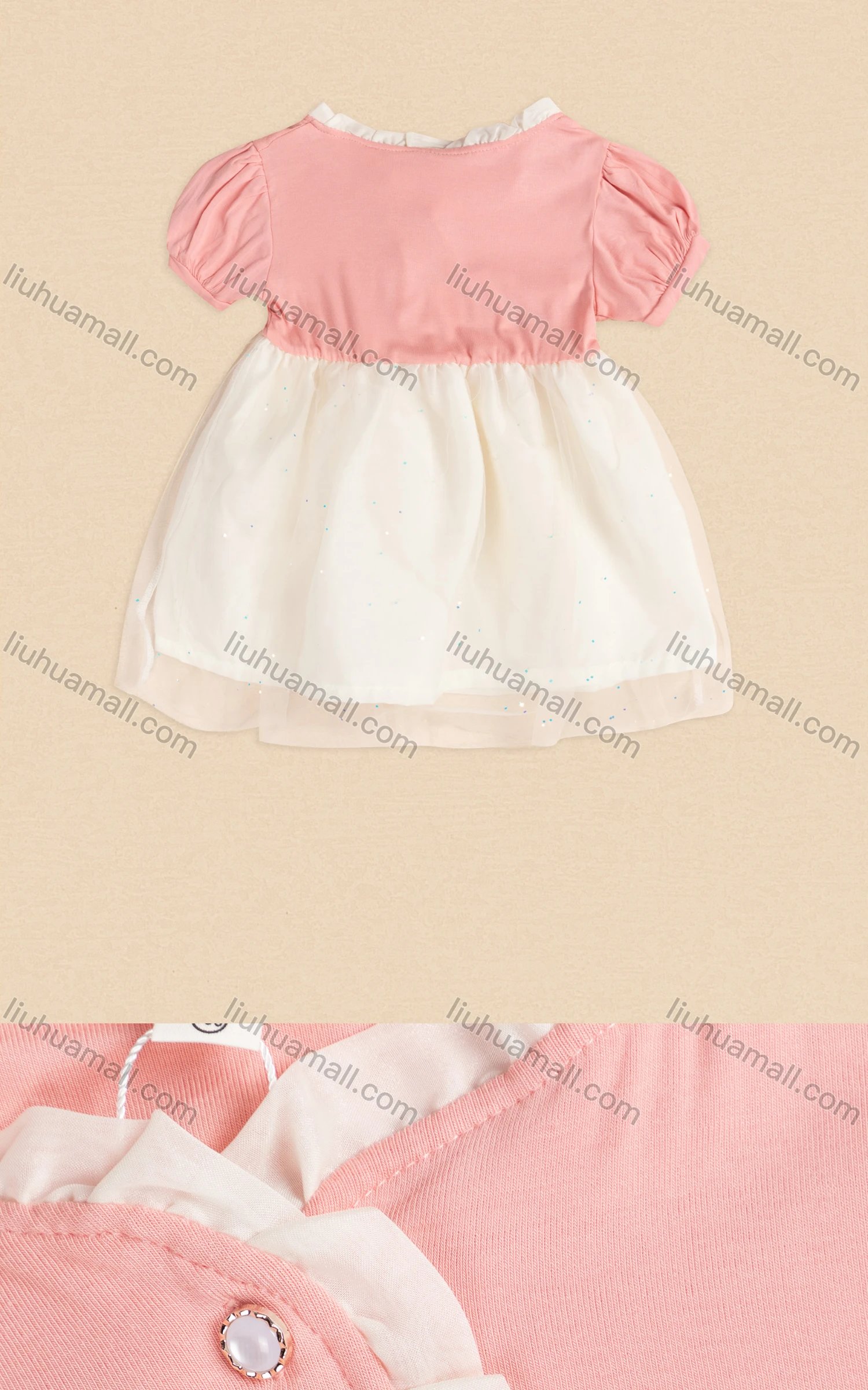 Wholesale Girls Cute Puff Sleeve Ruffle Trim Button Front Lace Hem Short Dress 3508# - Liuhuamall