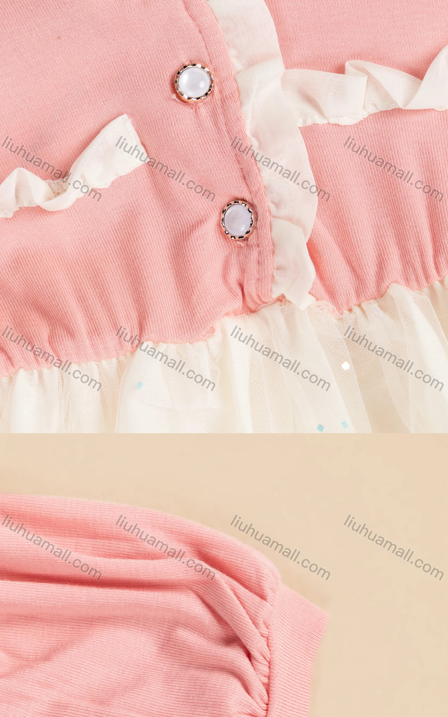 Wholesale Girls Cute Puff Sleeve Ruffle Trim Button Front Lace Hem Short Dress 3508# - Liuhuamall