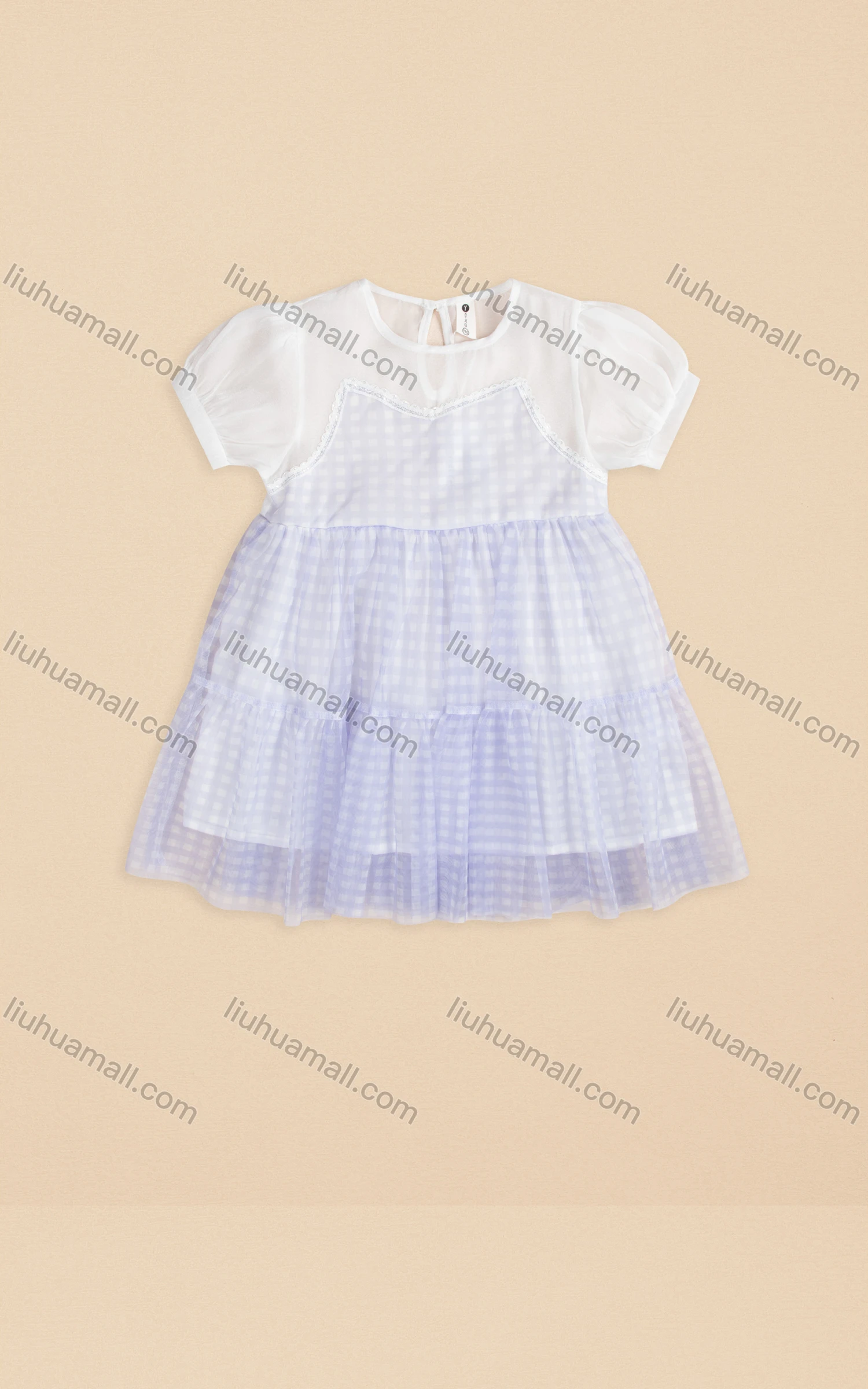 Wholesale Girls Cute Crew Neck Puff Sleeve Fake 2-piece Plaid Short Dress 3533# - Liuhuamall