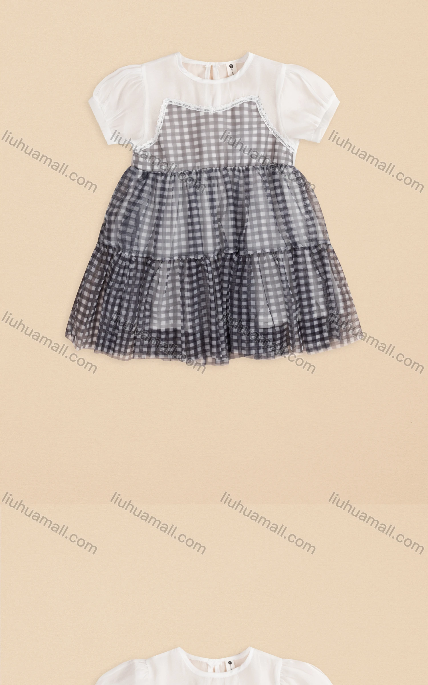 Wholesale Girls Cute Crew Neck Puff Sleeve Fake 2-piece Plaid Short Dress 3533# - Liuhuamall