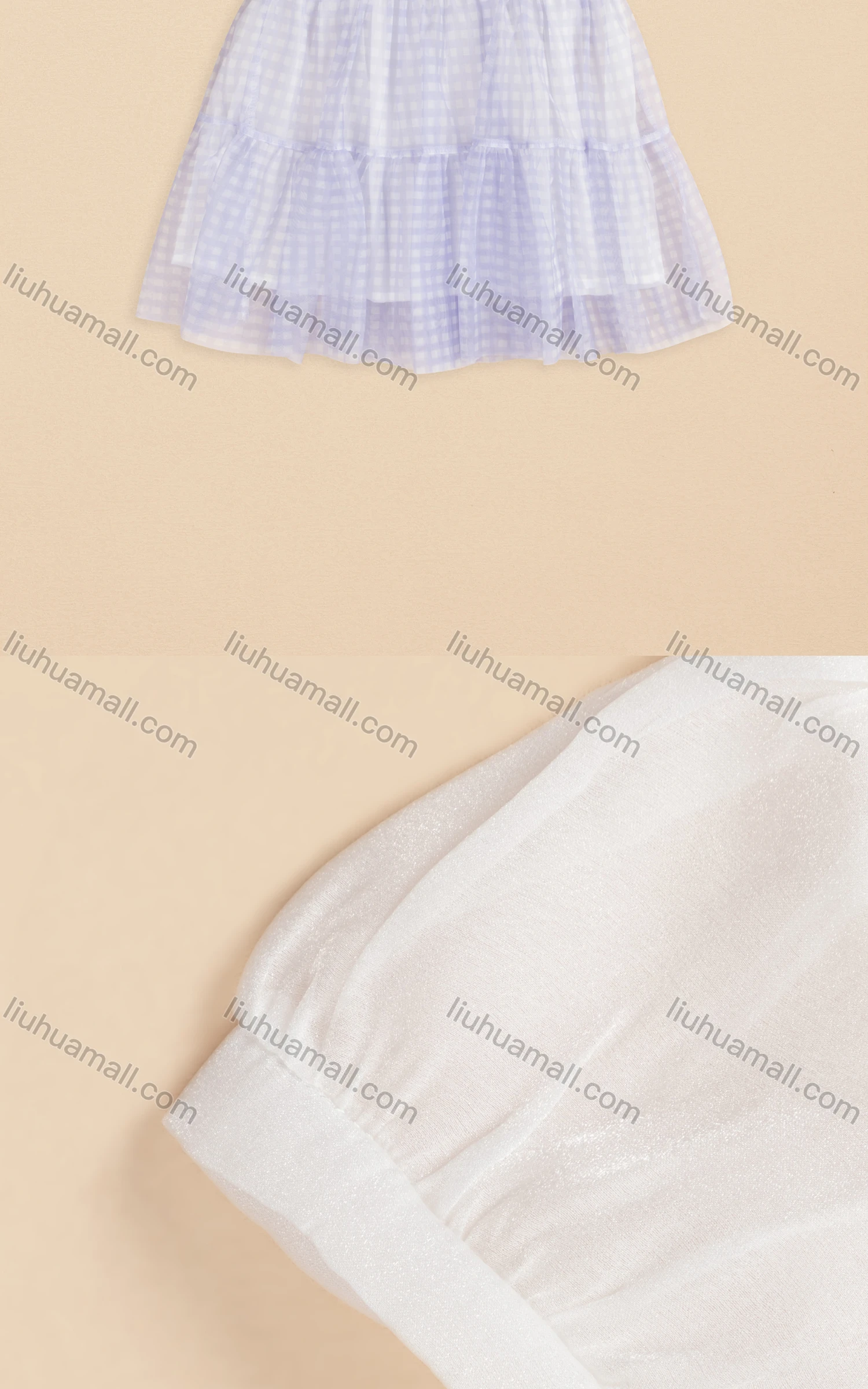 Wholesale Girls Cute Crew Neck Puff Sleeve Fake 2-piece Plaid Short Dress 3533# - Liuhuamall