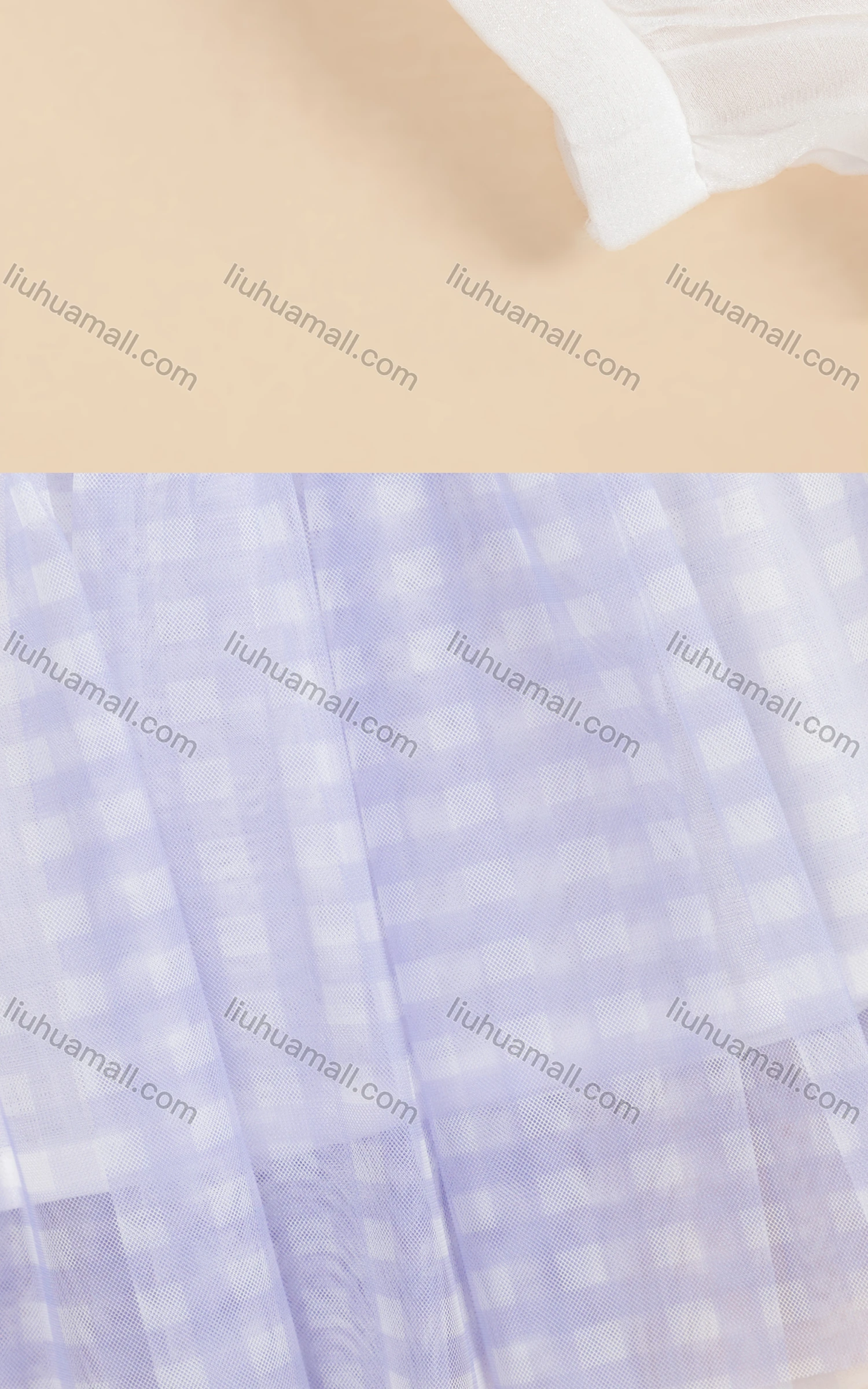 Wholesale Girls Cute Crew Neck Puff Sleeve Fake 2-piece Plaid Short Dress 3533# - Liuhuamall