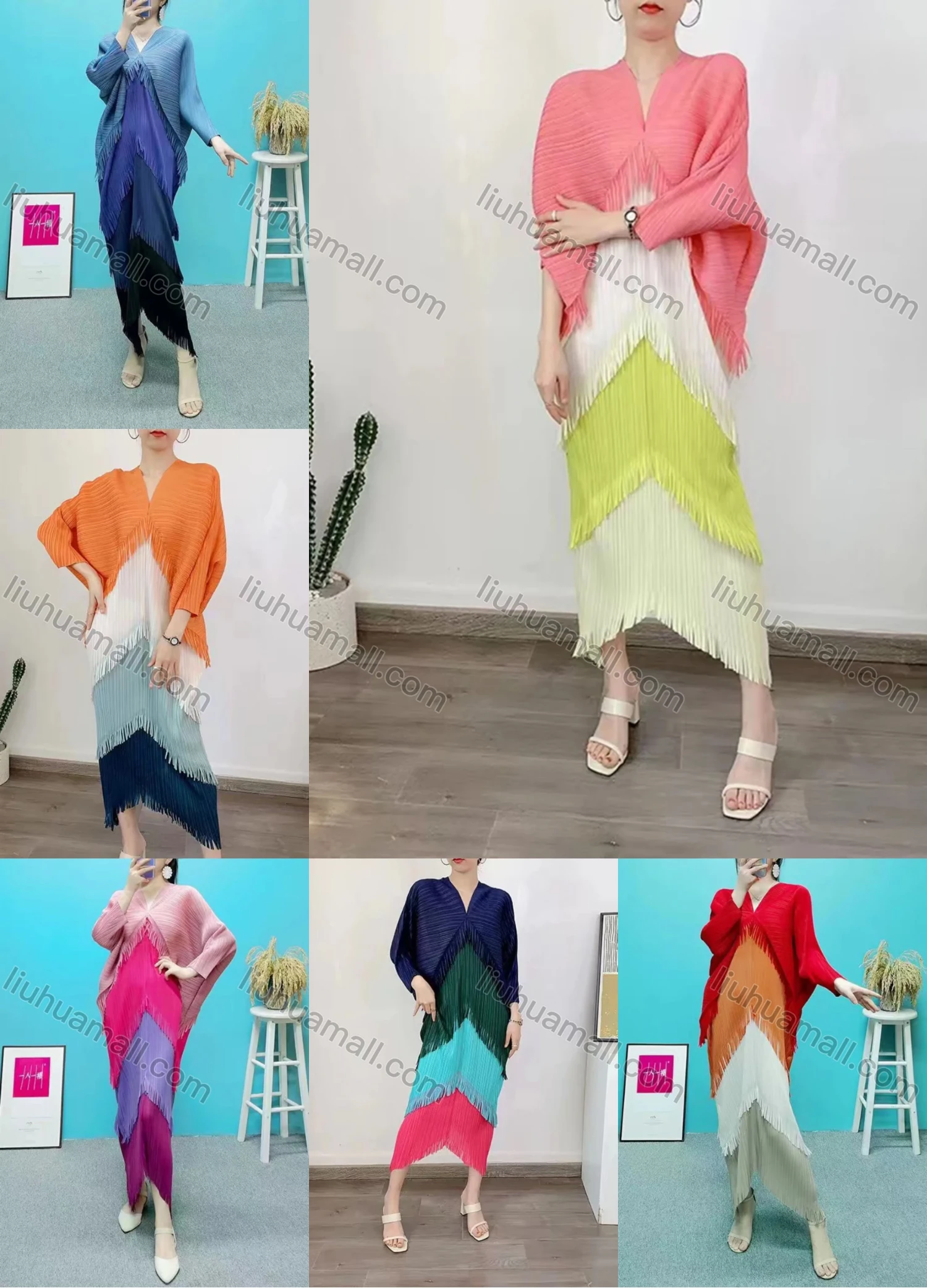 Wholesale Women's Coloblock Tassel Fringe Trim Layered Long Sleeve Maxi Dress 3189# - Liuhuamall