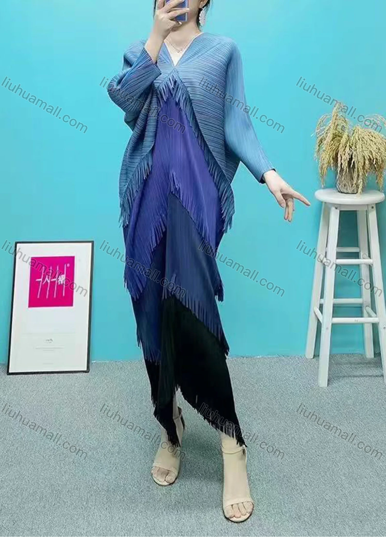 Wholesale Women's Coloblock Tassel Fringe Trim Layered Long Sleeve Maxi Dress 3189# - Liuhuamall