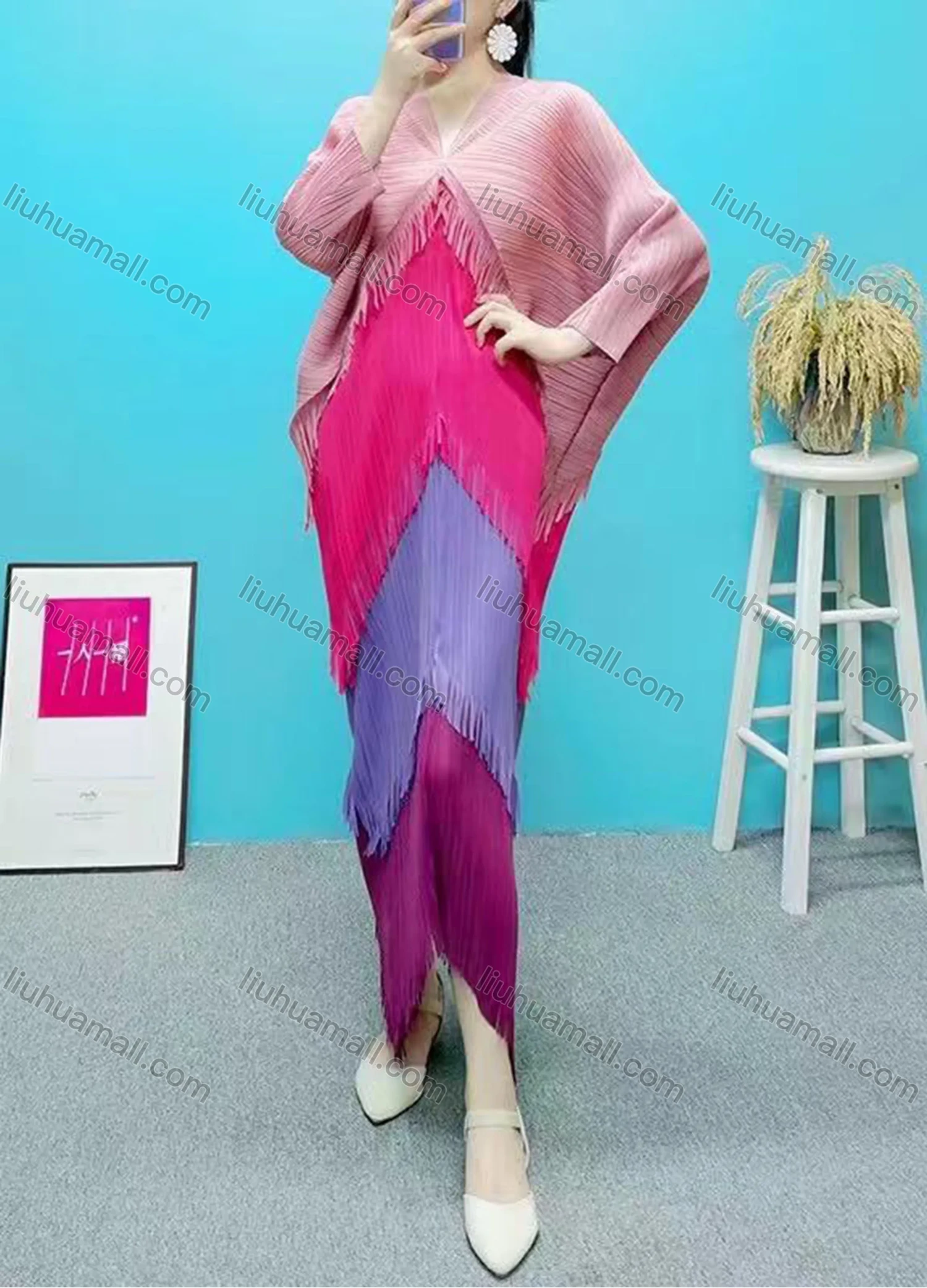 Wholesale Women's Coloblock Tassel Fringe Trim Layered Long Sleeve Maxi Dress 3189# - Liuhuamall