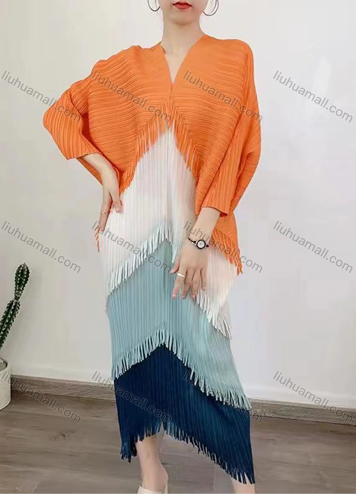 Wholesale Women's Coloblock Tassel Fringe Trim Layered Long Sleeve Maxi Dress 3189# - Liuhuamall