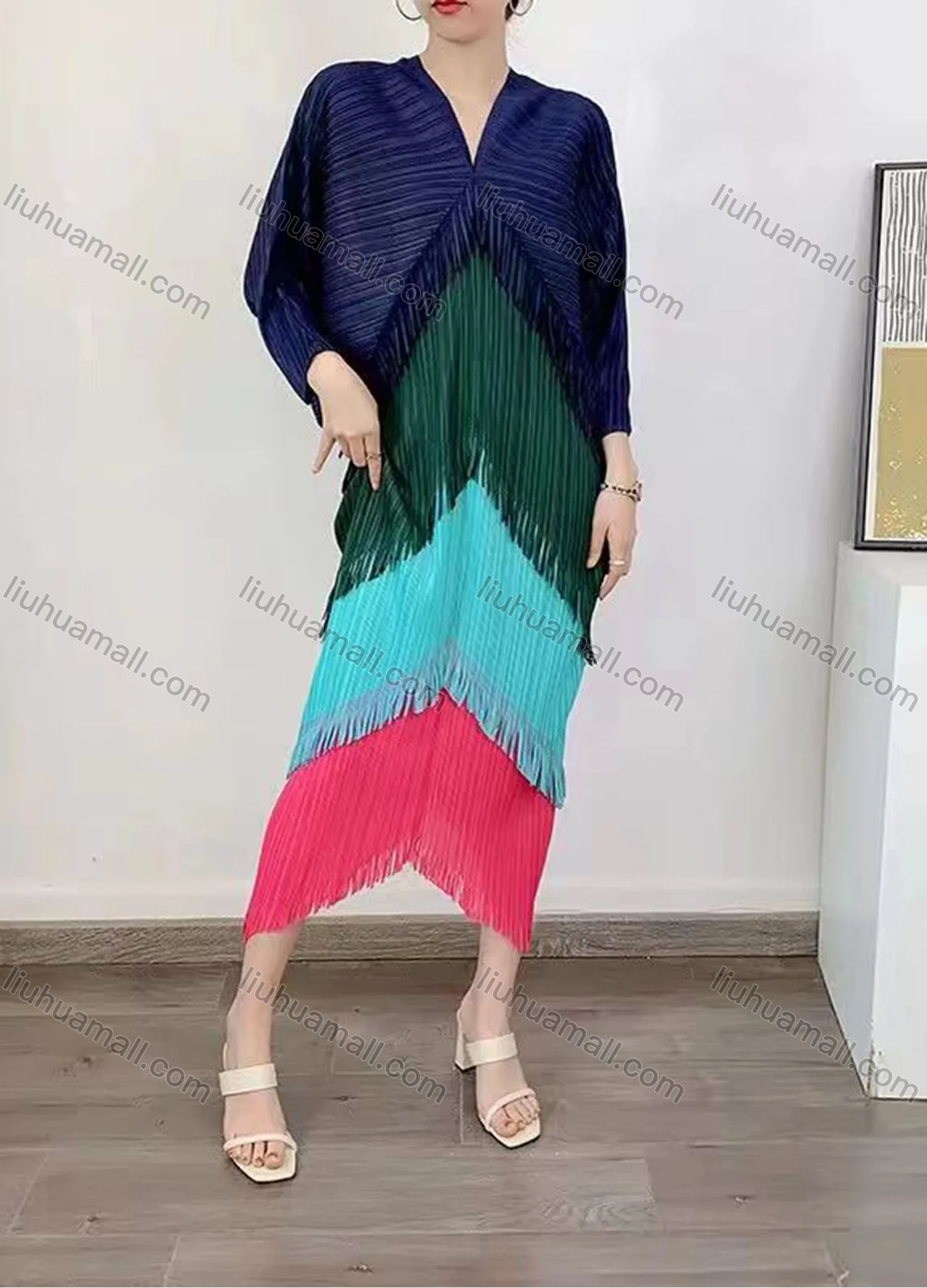 Wholesale Women's Coloblock Tassel Fringe Trim Layered Long Sleeve Maxi Dress 3189# - Liuhuamall