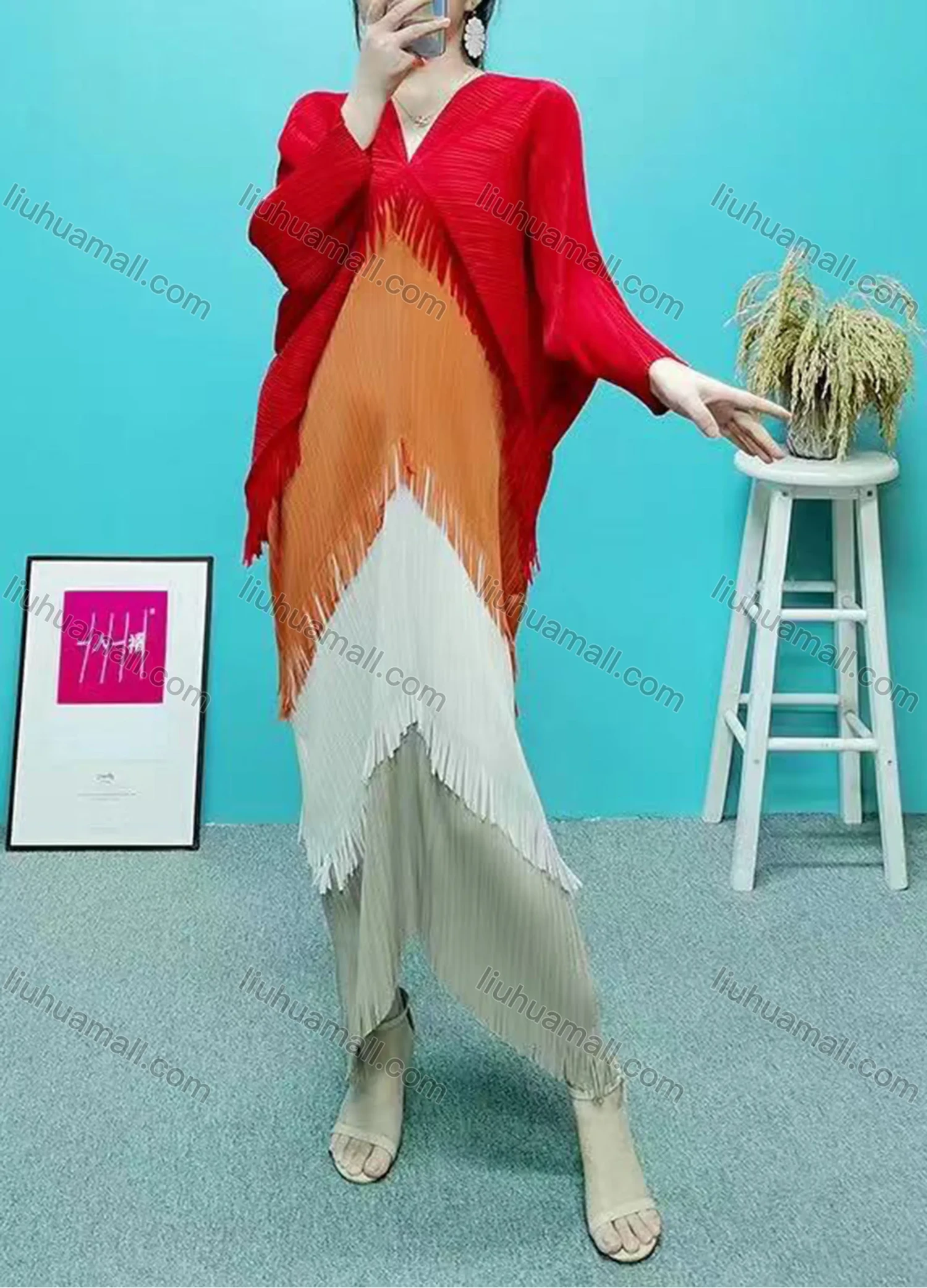 Wholesale Women's Coloblock Tassel Fringe Trim Layered Long Sleeve Maxi Dress 3189# - Liuhuamall