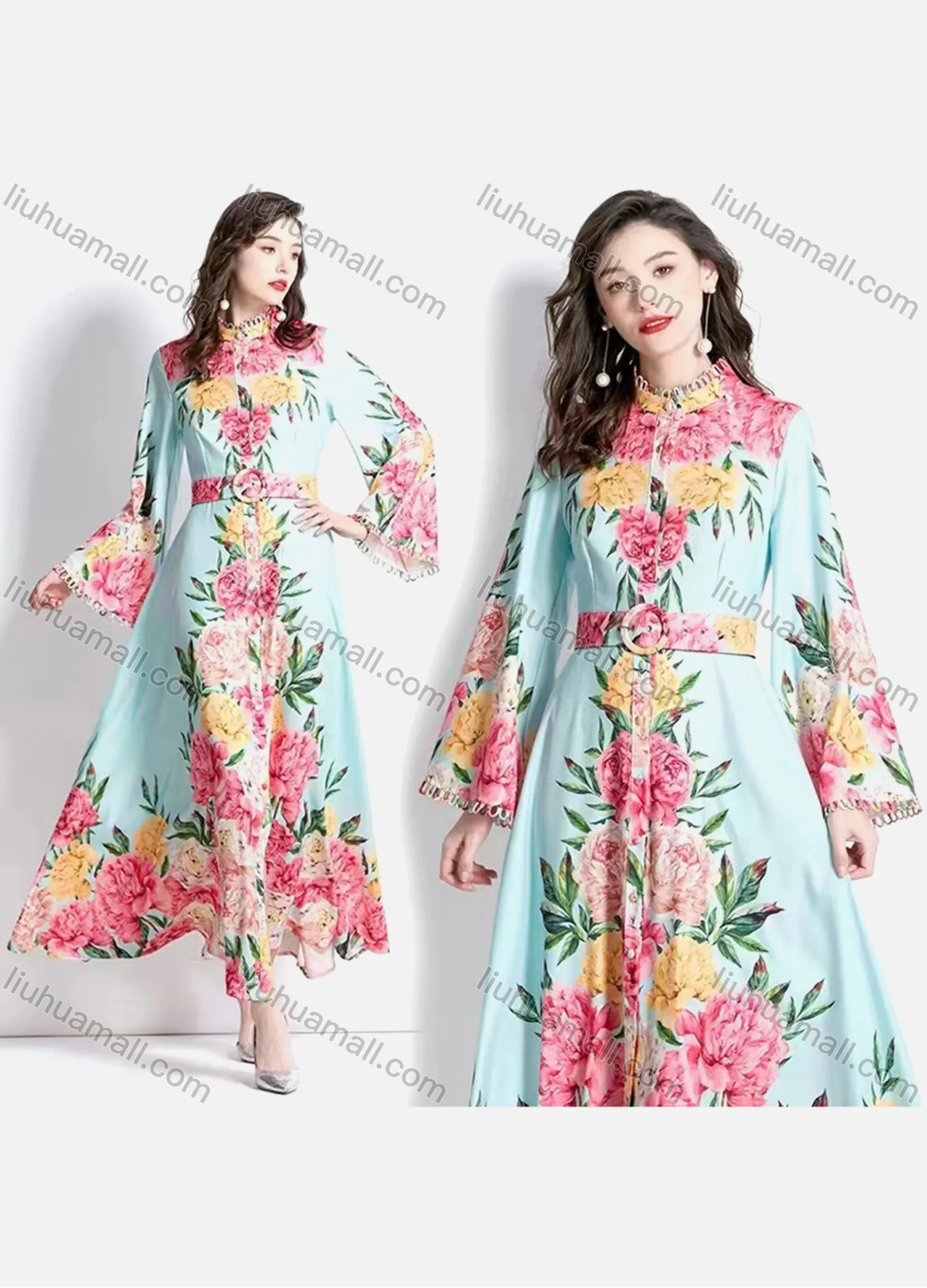 Wholesale Women's Elegant Floral Print Mock Neck Long Sleeve Button Down Ruffle Hem Maxi Dress With Belt 9167# - Liuhuamall