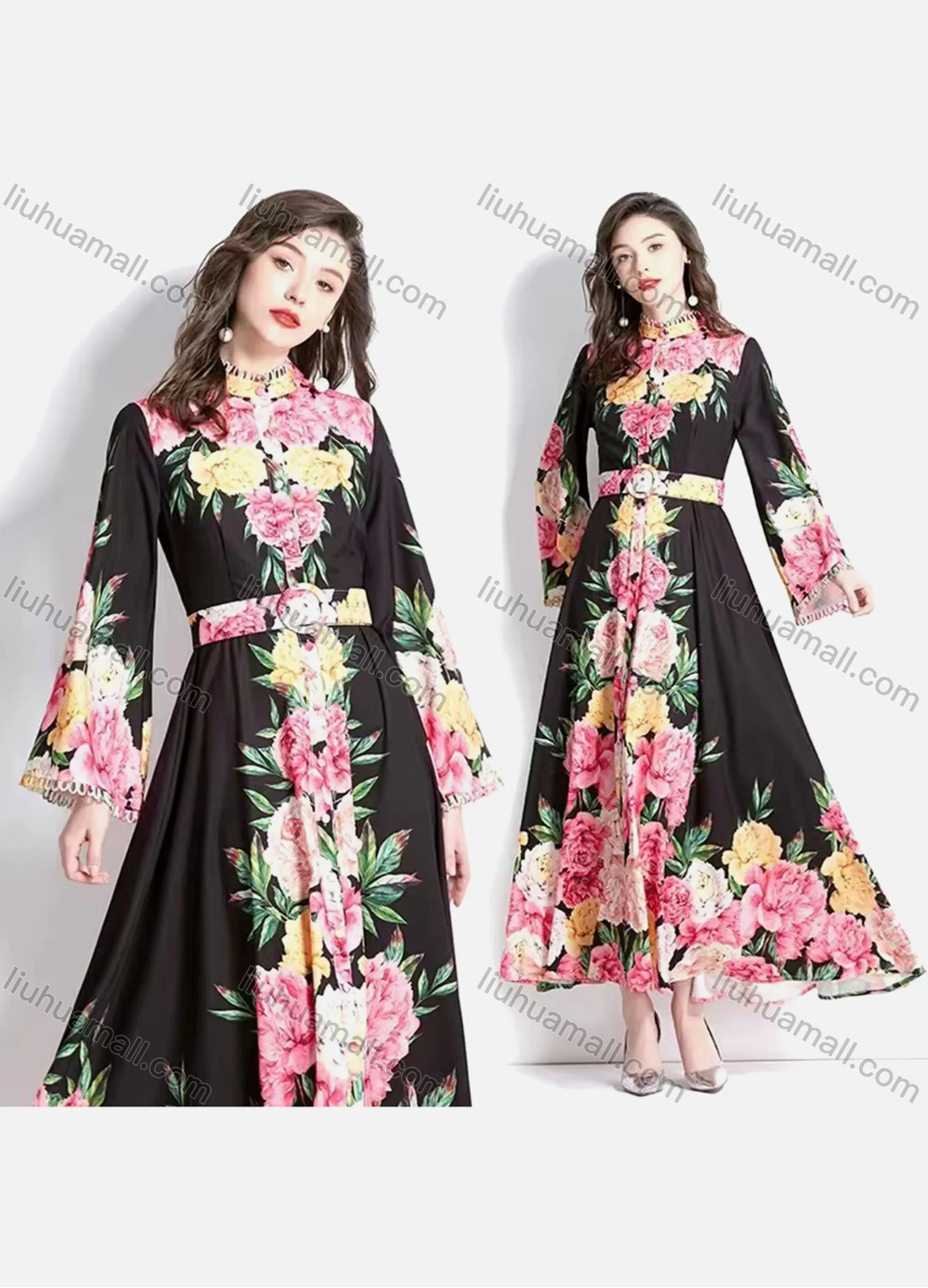 Wholesale Women's Elegant Floral Print Mock Neck Long Sleeve Button Down Ruffle Hem Maxi Dress With Belt 9167# - Liuhuamall