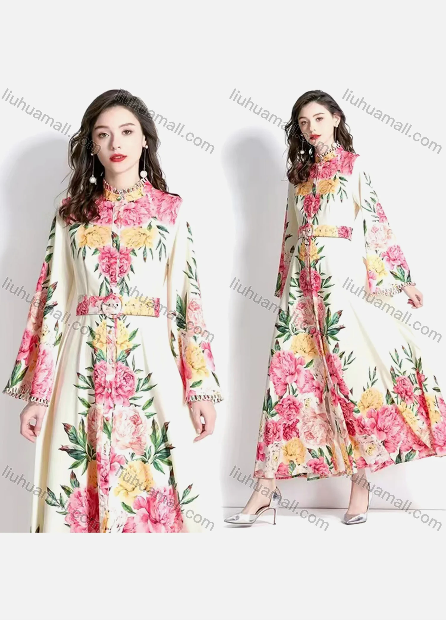 Wholesale Women's Elegant Floral Print Mock Neck Long Sleeve Button Down Ruffle Hem Maxi Dress With Belt 9167# - Liuhuamall