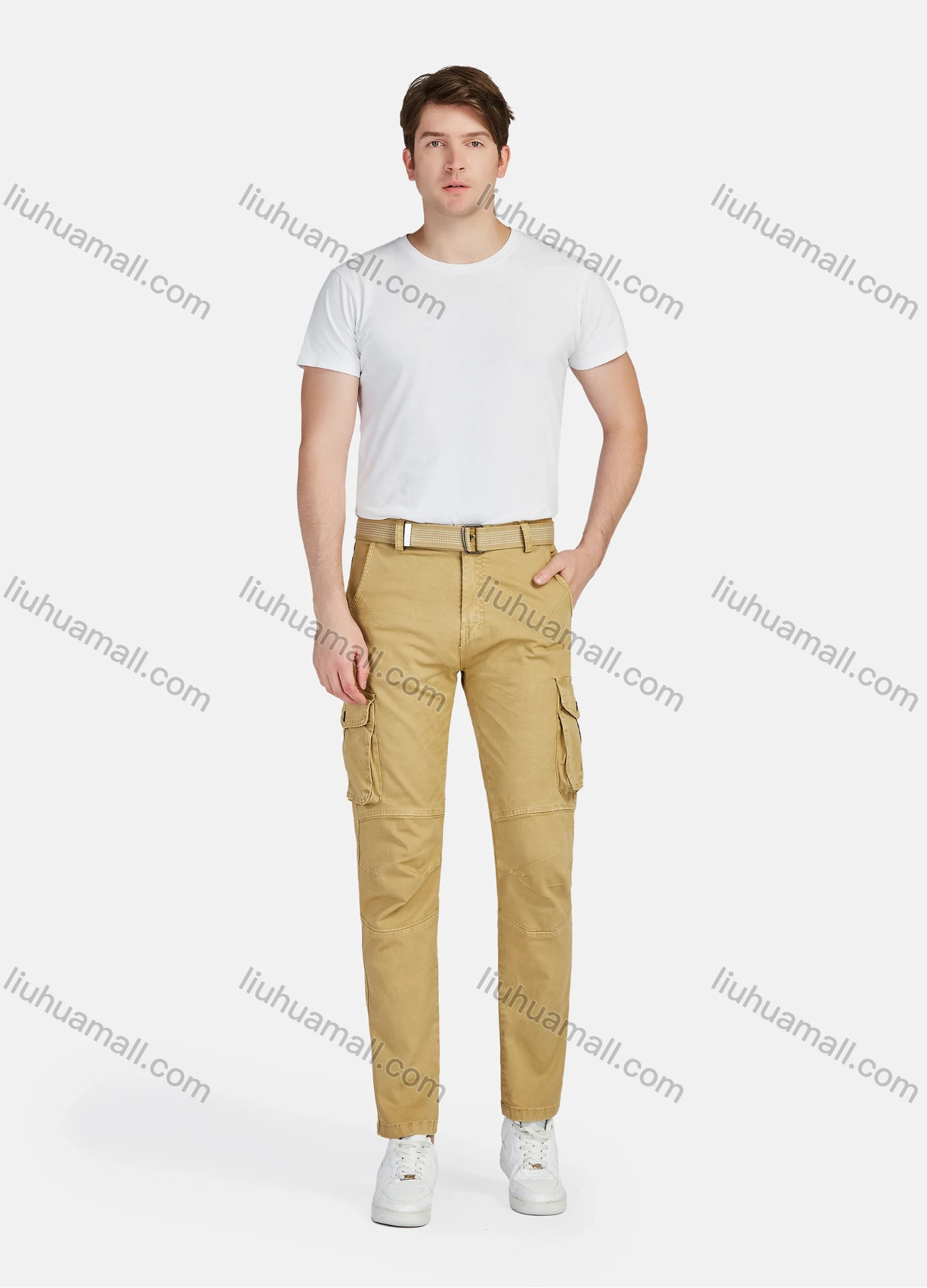 Wholesale Men's Casual Plain Straight Leg Ankle Length Cargo Pants With Belt 6616# - Liuhuamall