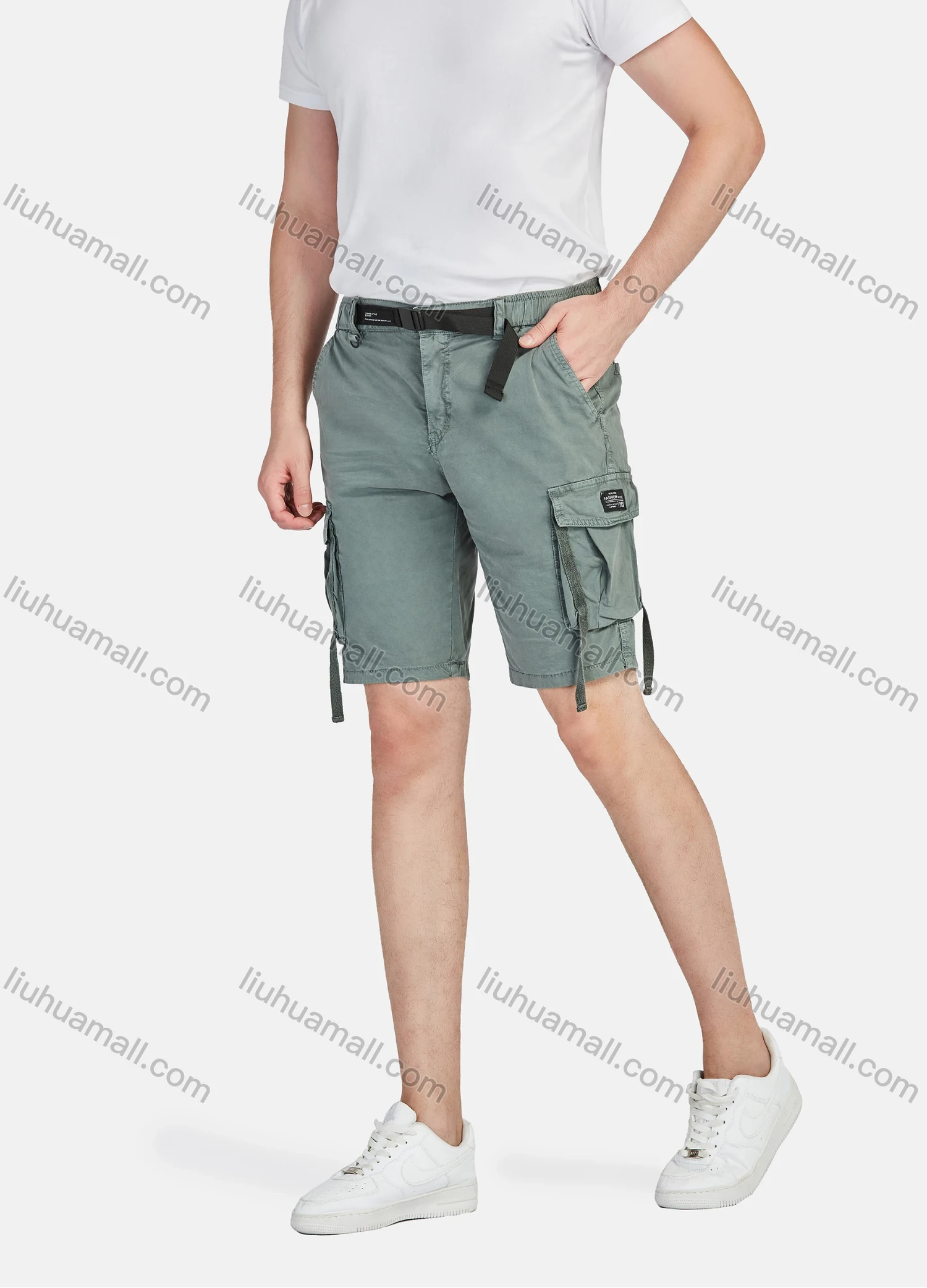 Wholesale Men's Casual Plain Release Buckle Drawstring Multiple Pockets Cargo Shorts 9301# - Liuhuamall
