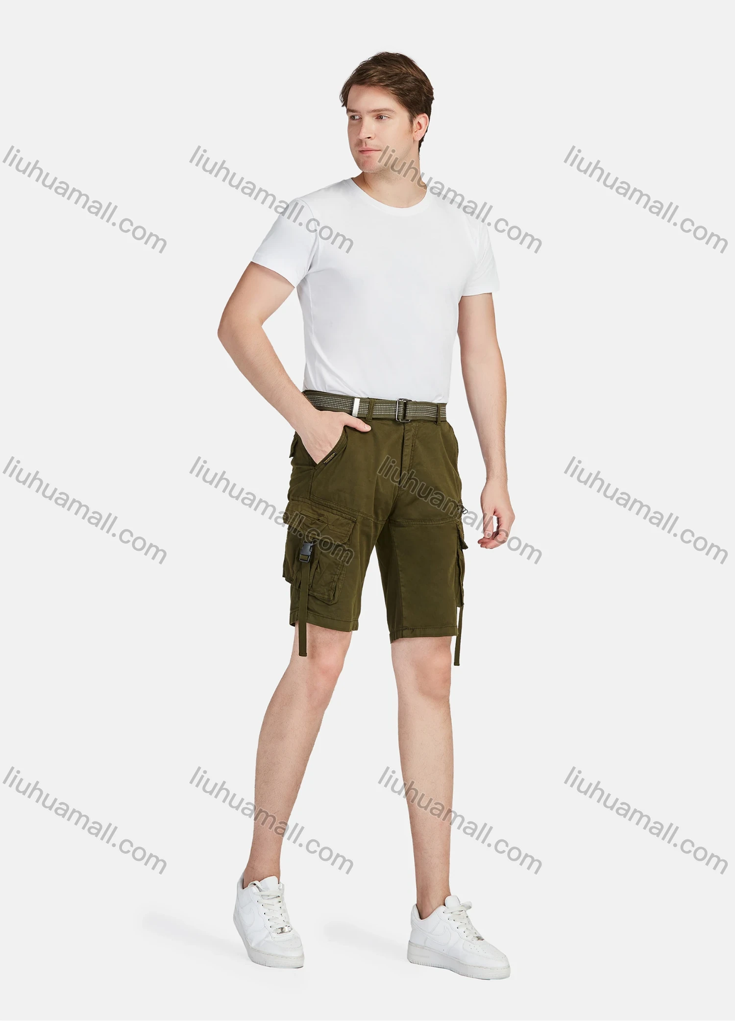 Wholesale Men's Casual Plain Release Buckle Multiple Pockets Cargo Shorts With Belt 8988# - Liuhuamall