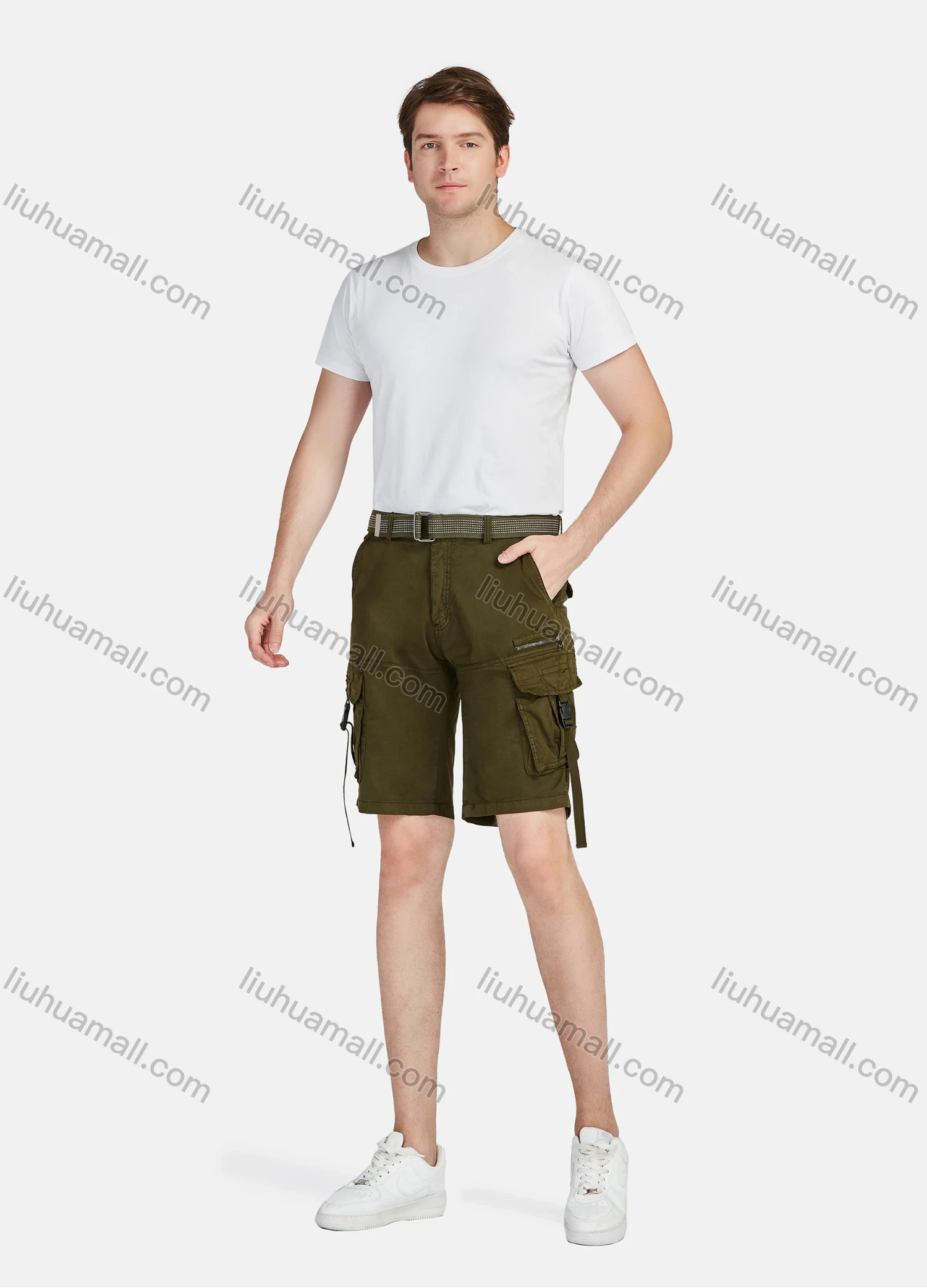 Wholesale Men's Casual Plain Release Buckle Multiple Pockets Cargo Shorts With Belt 8988# - Liuhuamall
