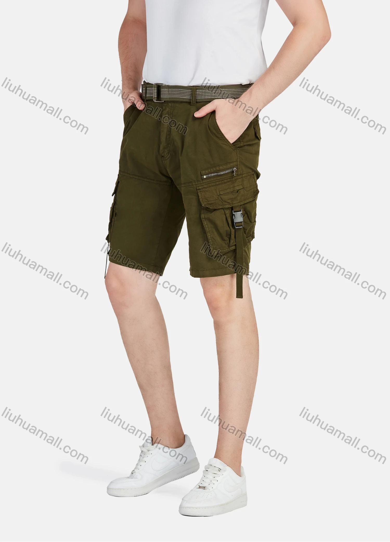Wholesale Men's Casual Plain Release Buckle Multiple Pockets Cargo Shorts With Belt 8988# - Liuhuamall