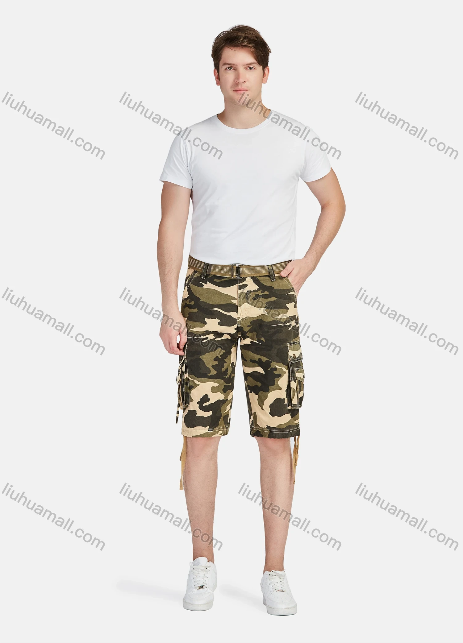Wholesale Men's Casual Camouflage Multiple Pockets Cargo Shorts With Belt A083# - Liuhuamall