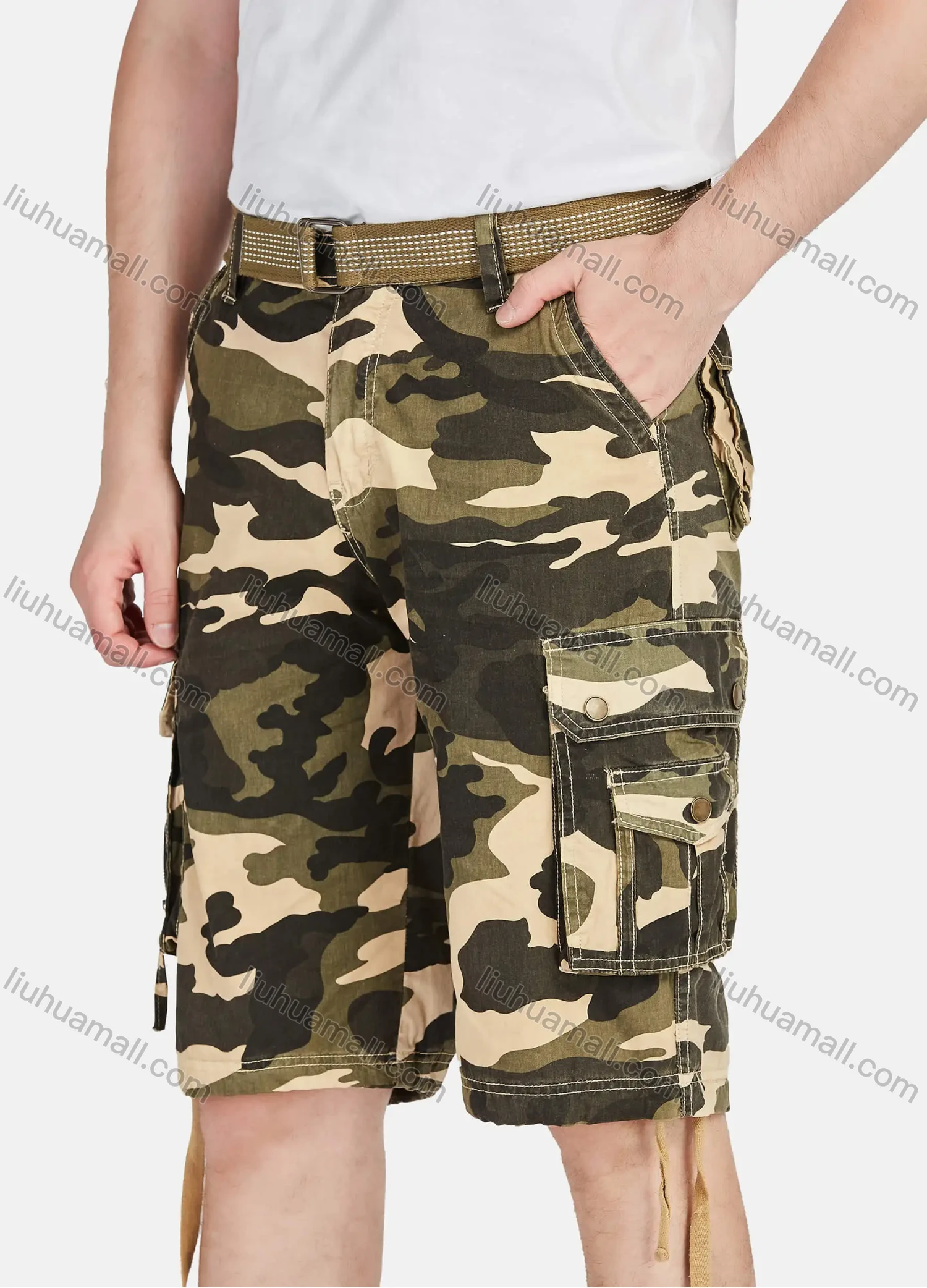 Wholesale Men's Casual Camouflage Multiple Pockets Cargo Shorts With Belt A083# - Liuhuamall