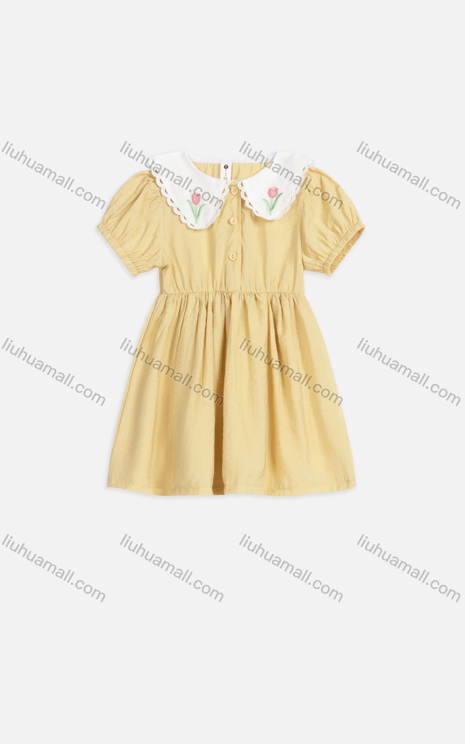 Wholesale Girls Cute Peter Pan Collar Puff Sleeve Embroidered Button Front Short Dress 3503# - Liuhuamall